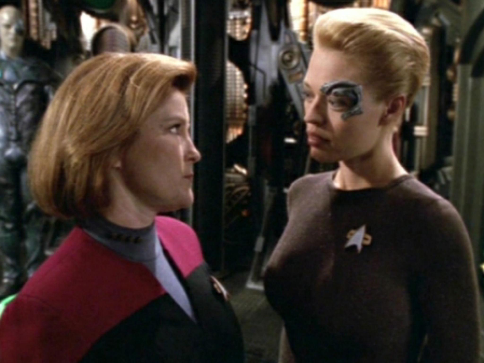 Jeri Ryan (right) as the Borg Seven of Nine with Kate Mulgrew (left) who took over the role of Captain Janeway in 'Star Trek: Voyager' after Genevieve Bujold quit after a day and a half's filming