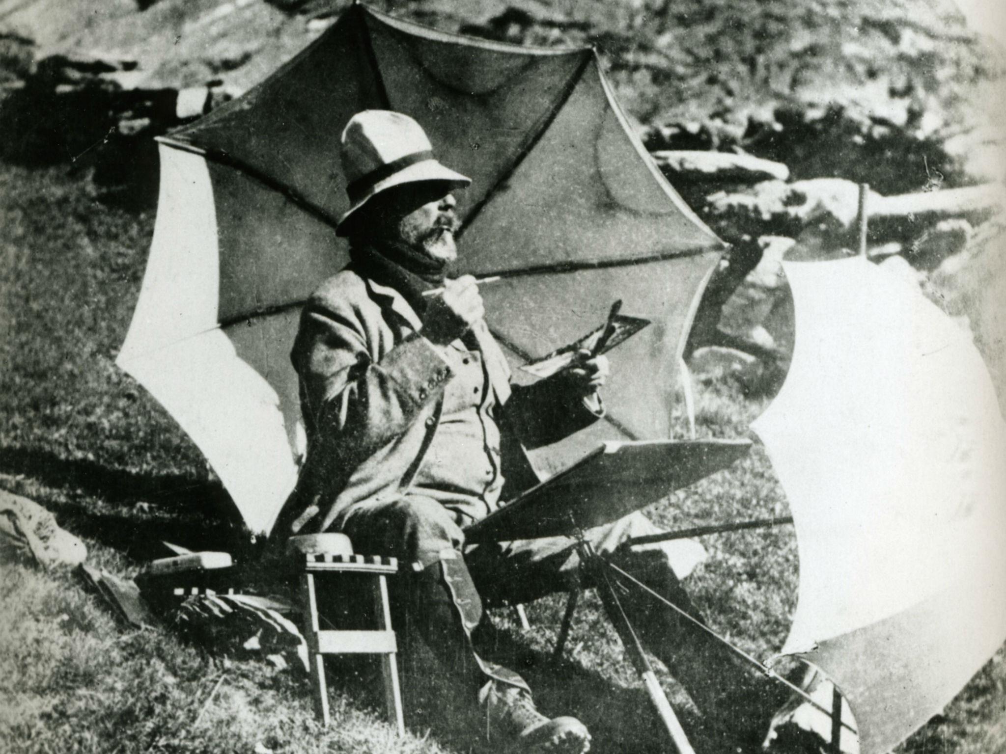 Sargent painting a watercolour in the Simplon Pass in Switzerland by an unknown photographer