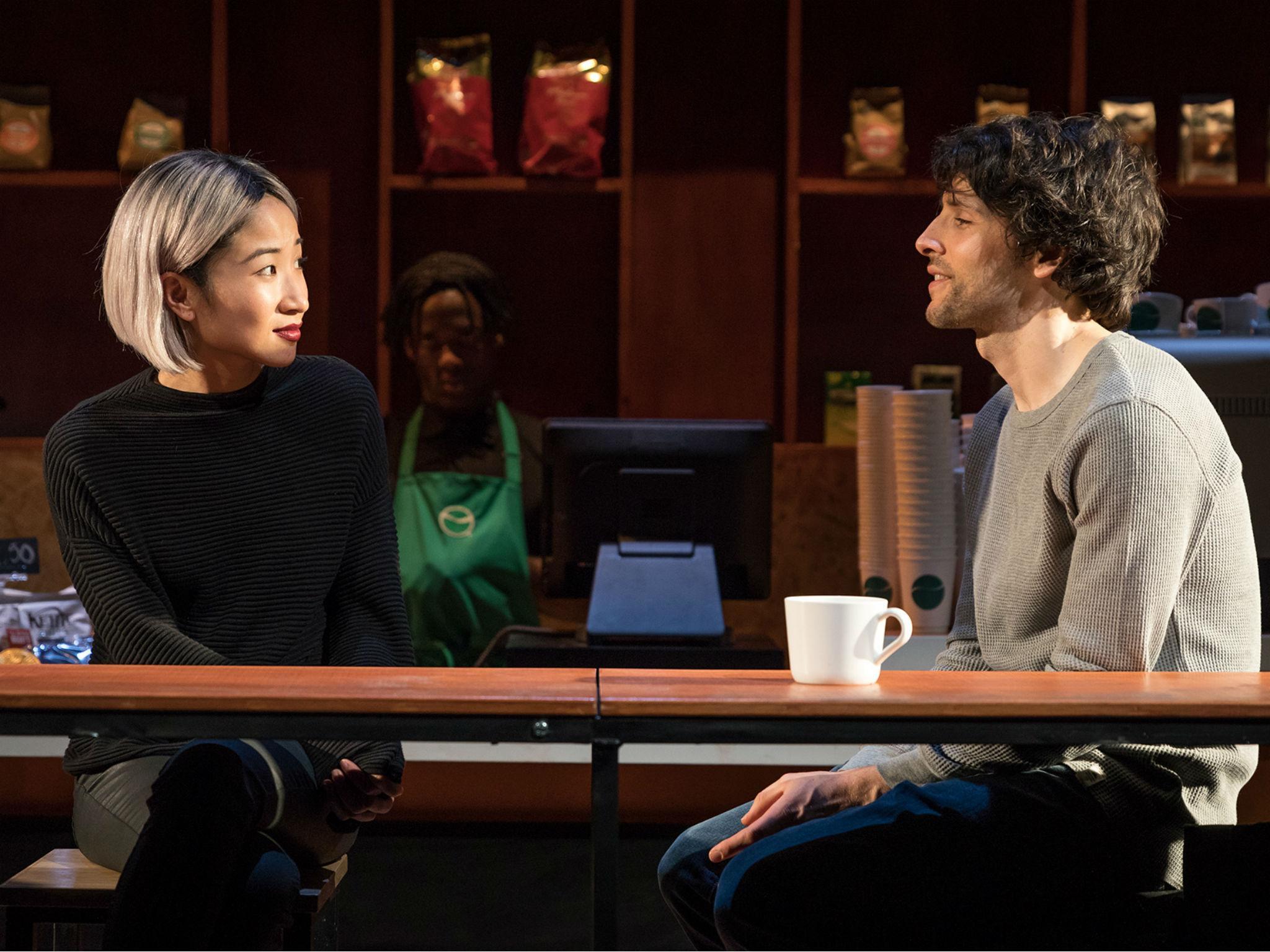 Kae Alexander as Kendra and Colin Morgan as Dean in 'Gloria' at Hampstead Theatre