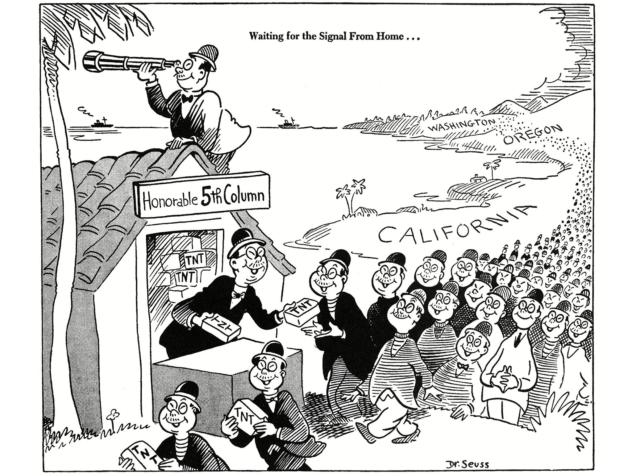 Geisel’s February 1942 cartoon of Japanese-Americans waiting in line to buy explosives. Days later, President Roosevelt signed an executive order paving the way for the round-up of more than 110,000 Japanese-Americans (Rex)