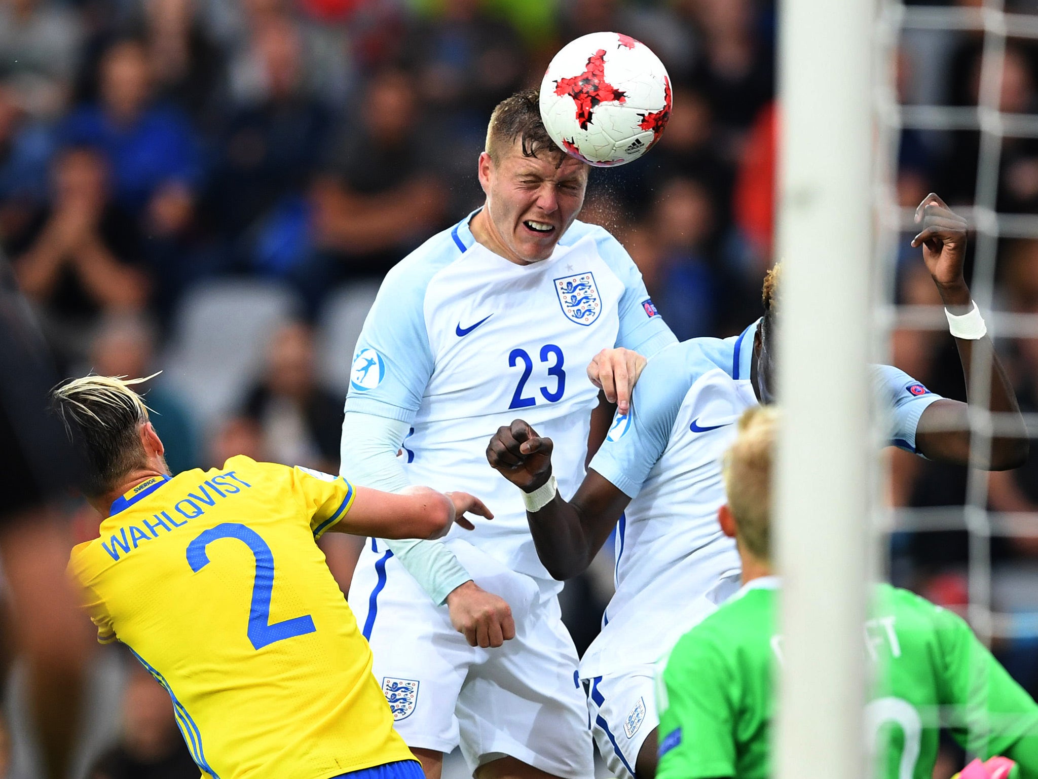 Alfie Mawson in action for England Under-21s