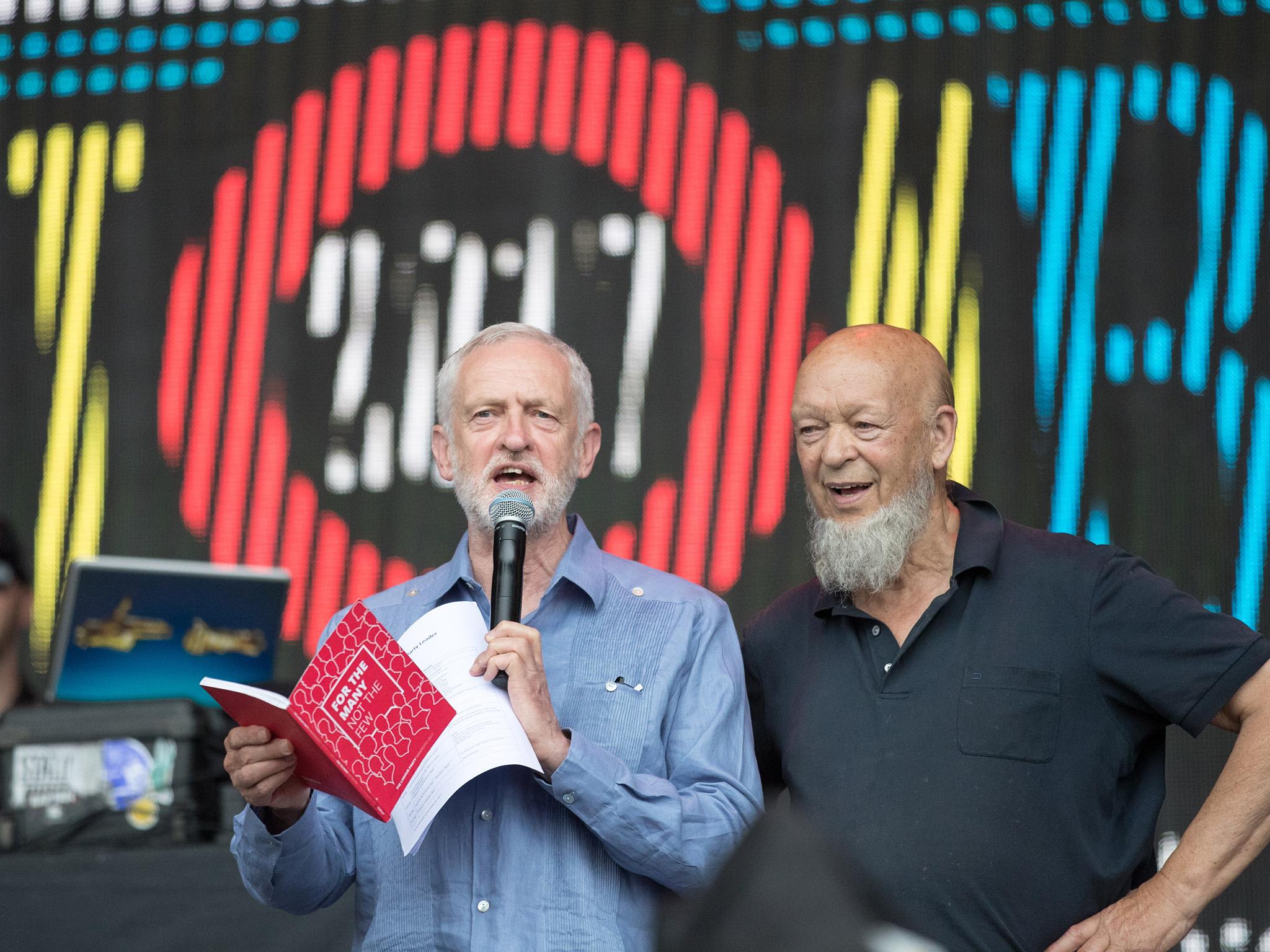 Jeremy Corbyn and Glastonbury founder Michael Eavis (right) on the Pyramid Stage