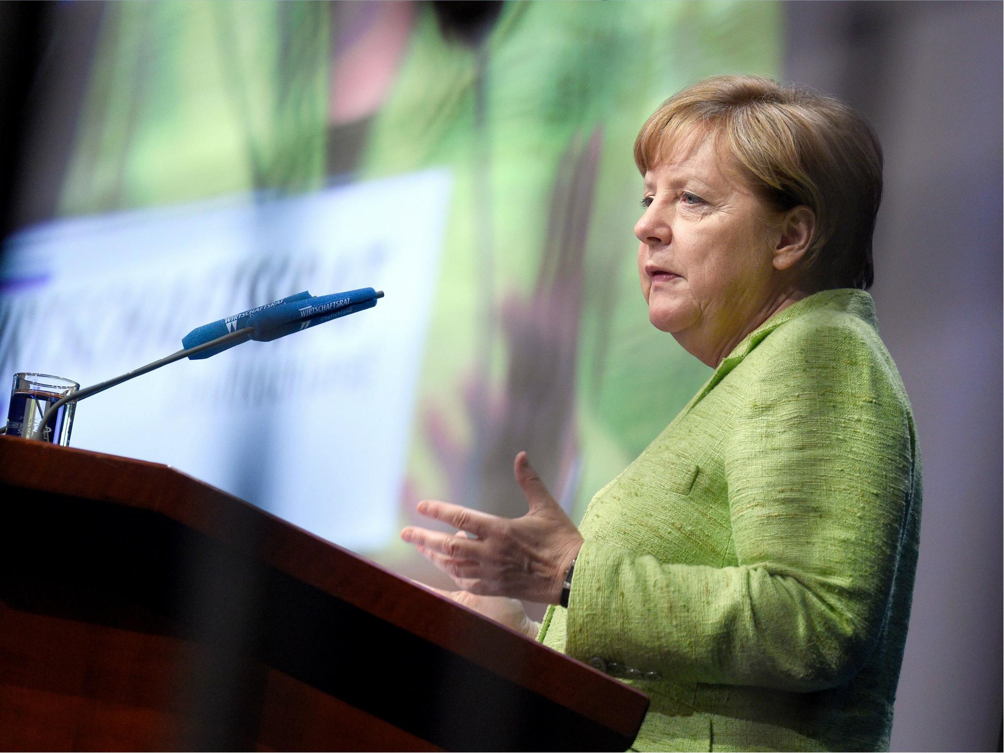 German Chancellor Angela Merkel speaks at a meeting of the Economic Council of the German Christian Democrats Party (CDU) on 27 June 2017 in Berlin