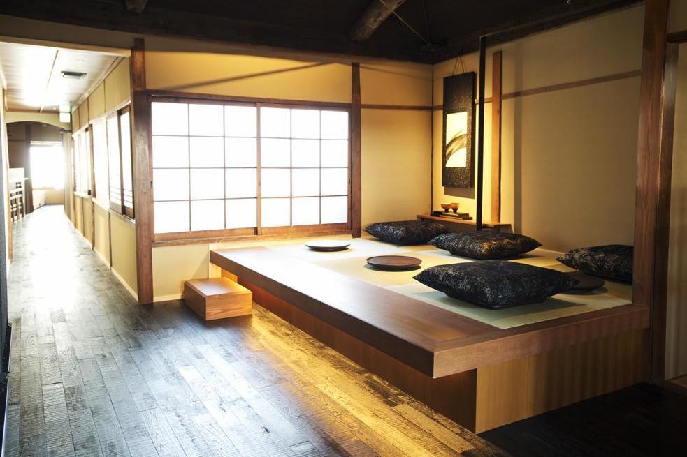 The second floor has three tatami mat seating areas