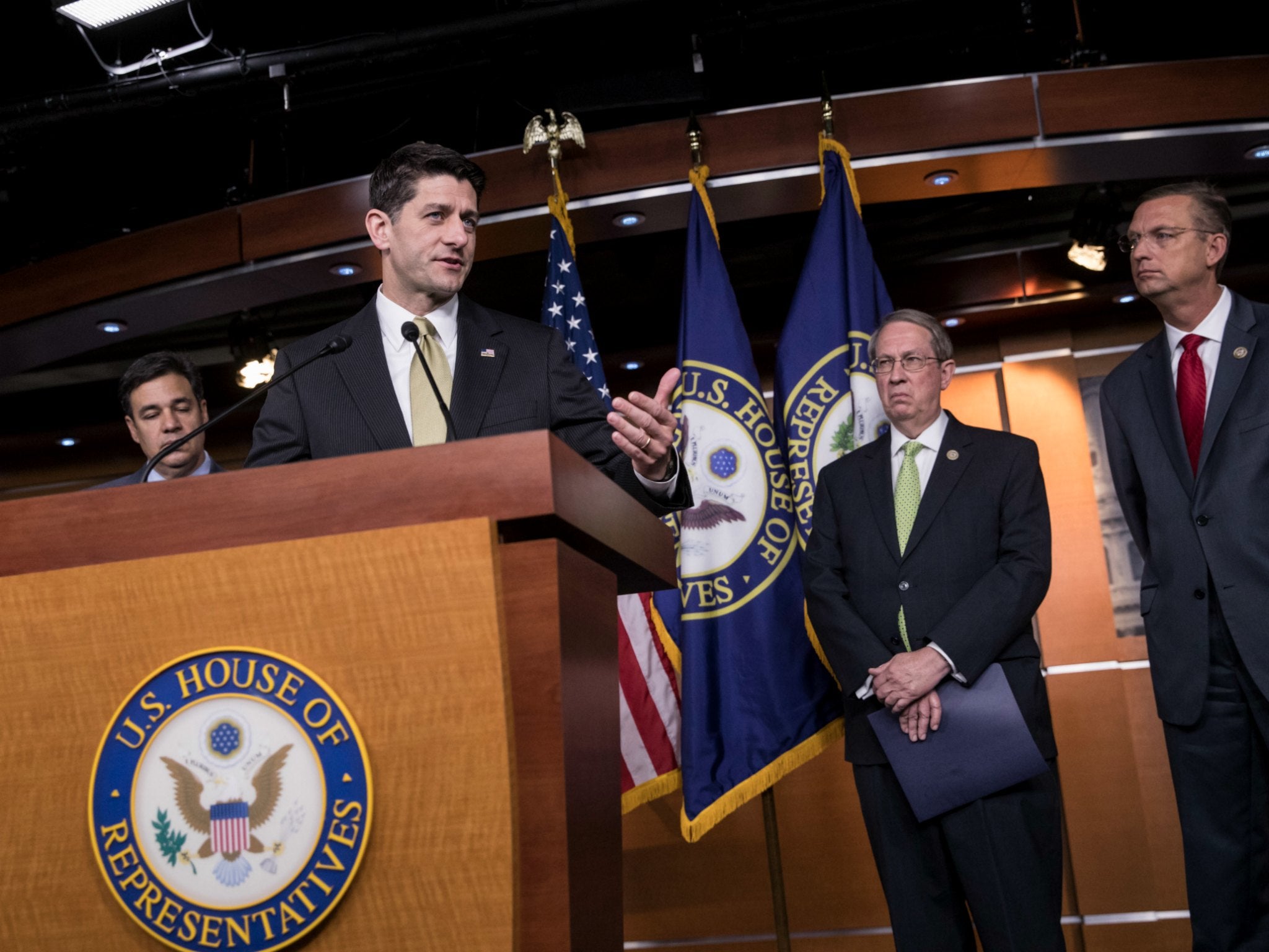 House Speaker is joined by by, from left, Raul Labrador, Bob Goodlatte and Doug Collins, as he talks about immigration and sanctuary cities