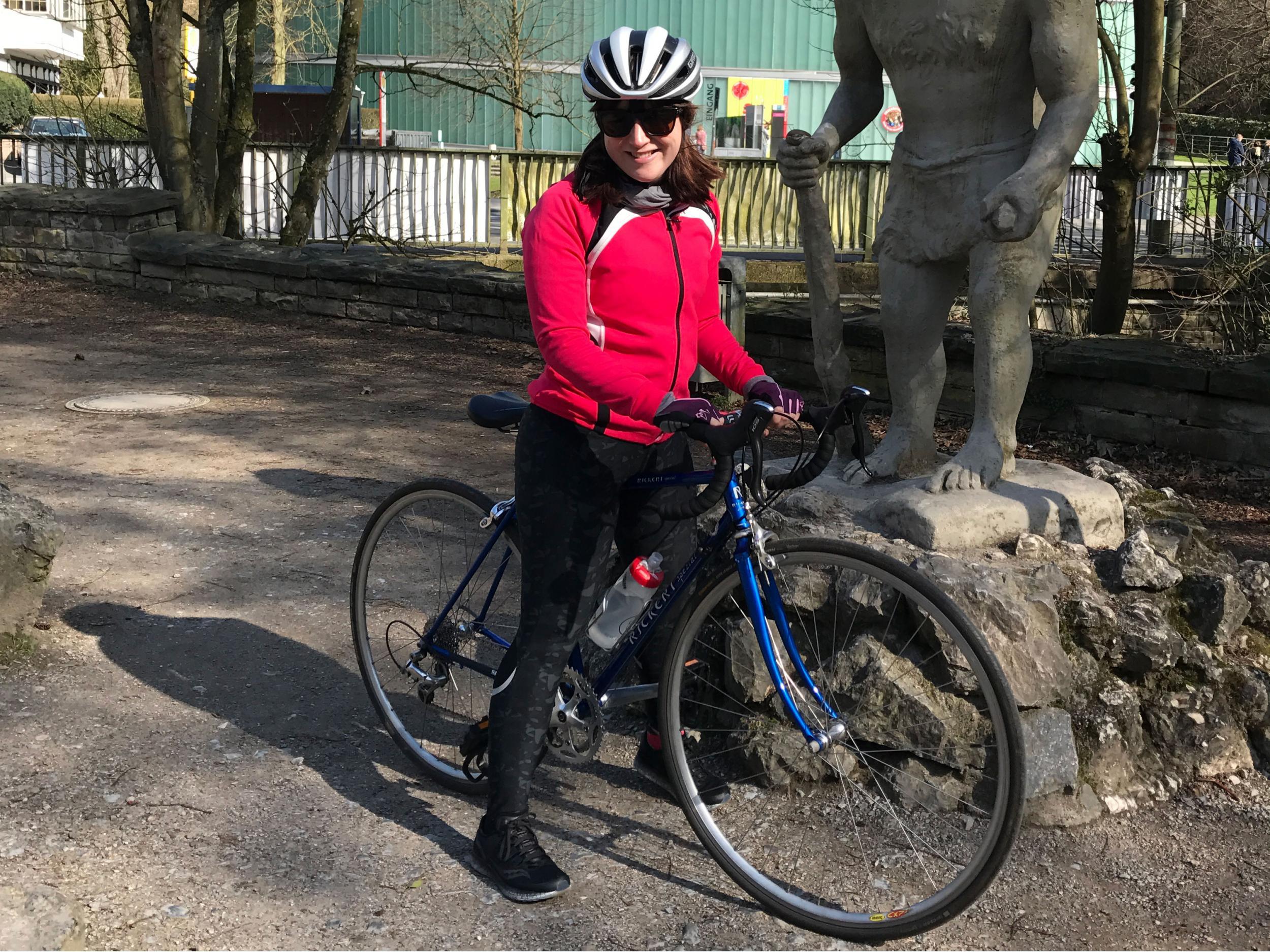 Not quite all the gear: Sally on her bike in the Neander Valley