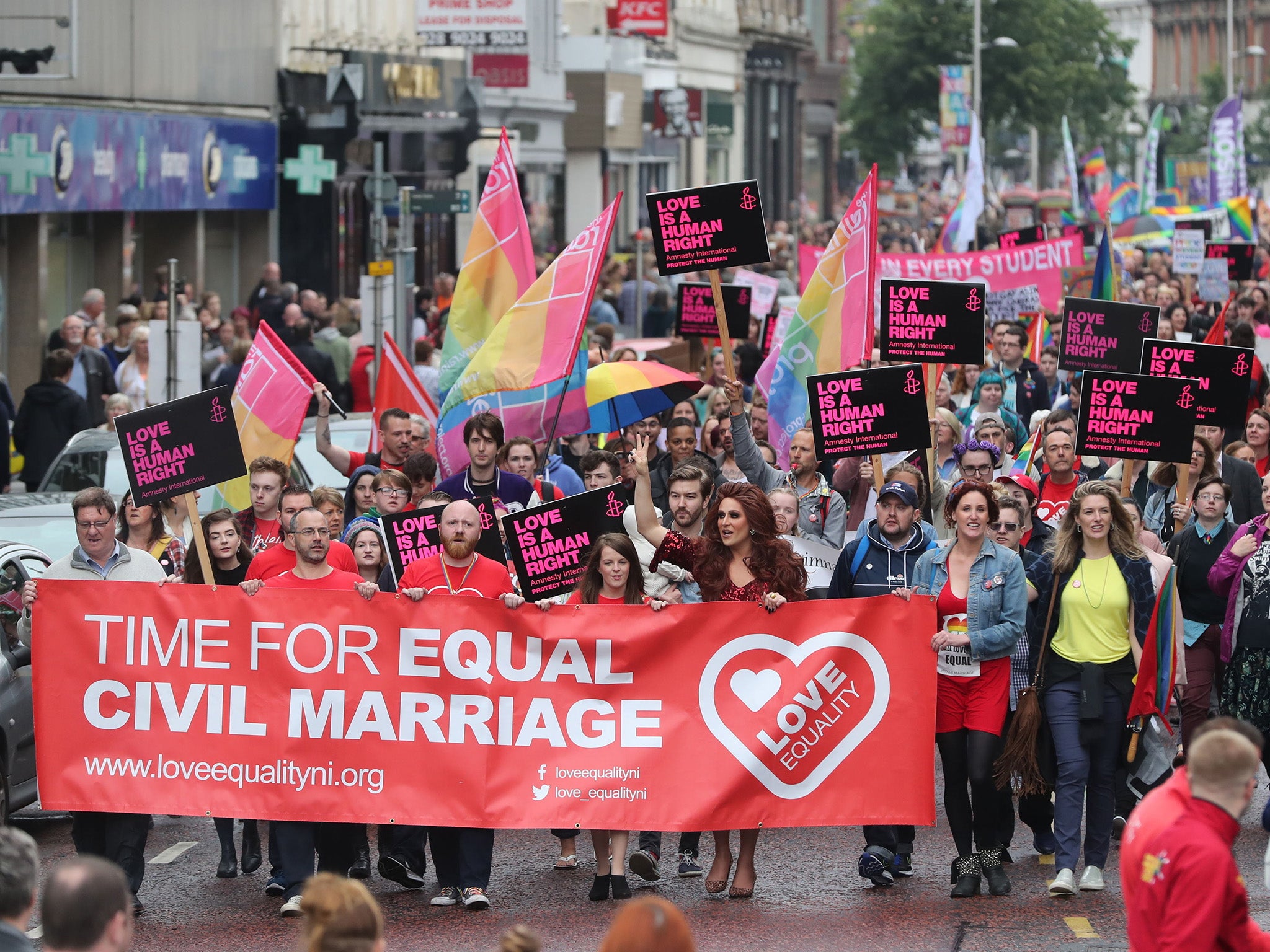 Thousands of protesters flooded the streets of Belfast on Saturday, calling for same-sex marriage to be made legal in Northern Ireland