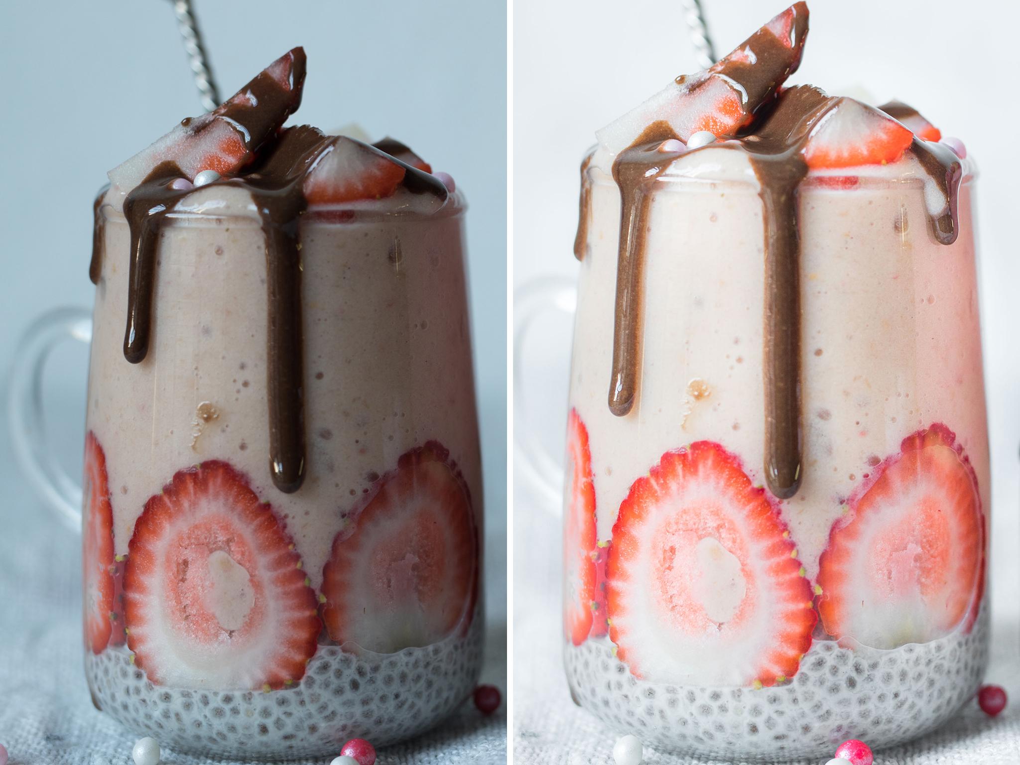 A before and after shot of smoothies, showing how important post-production is