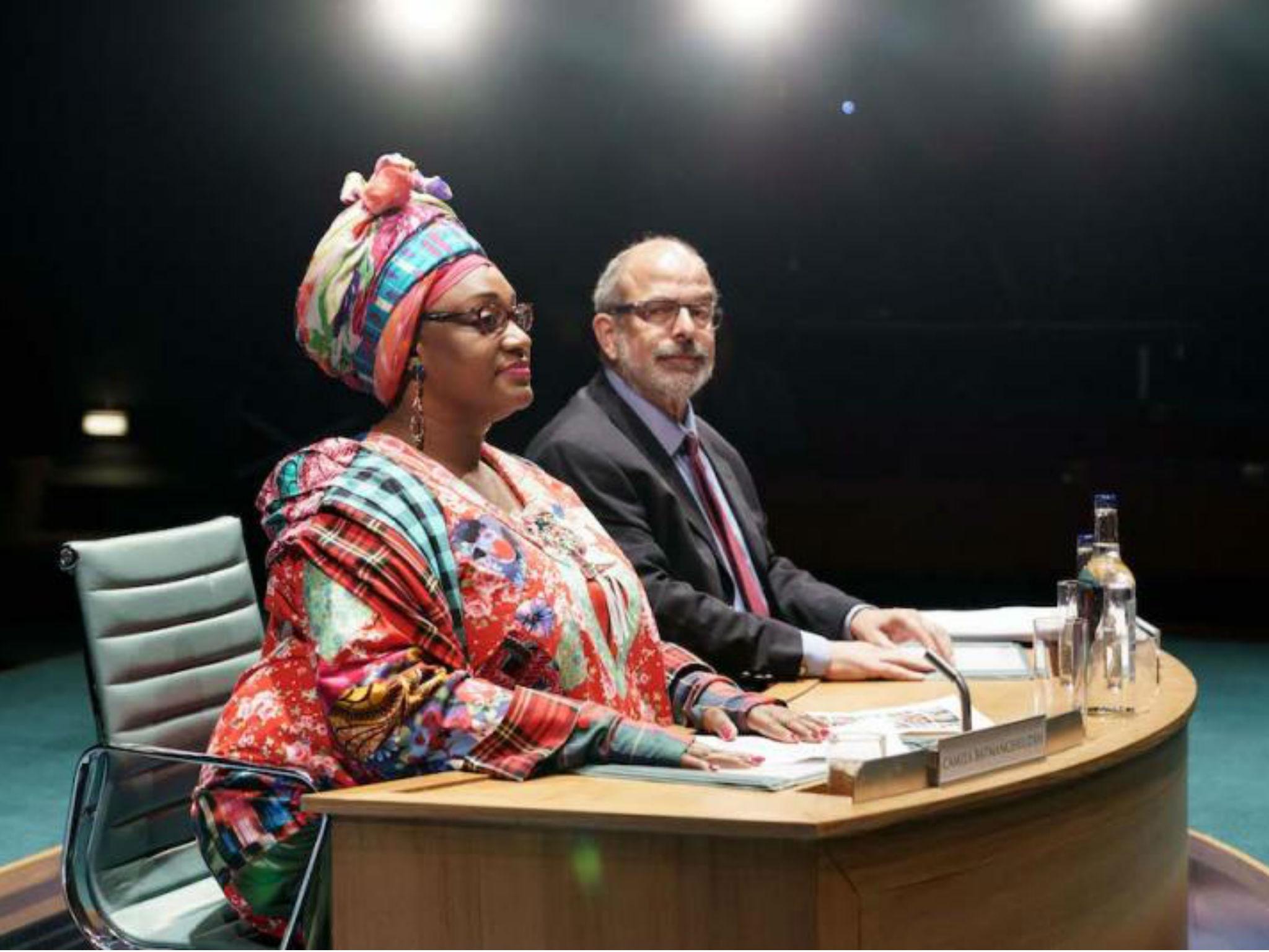 Camila Batmanghelidjh (Sandra Marvin) and Alan Yentob (Omar Ebrahim) in ‘Committee ... (New Musical)’ at the Donmar Warehouse