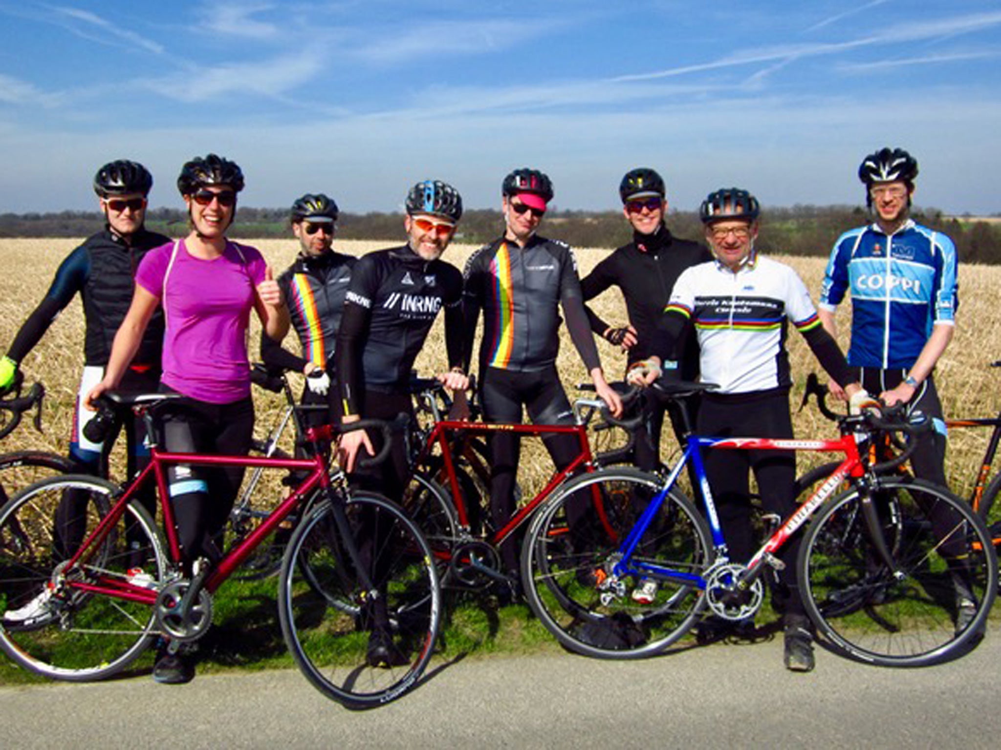 The peloton, minus Sally, take a break on the ride, part of the route of the second stage of the Tour de France