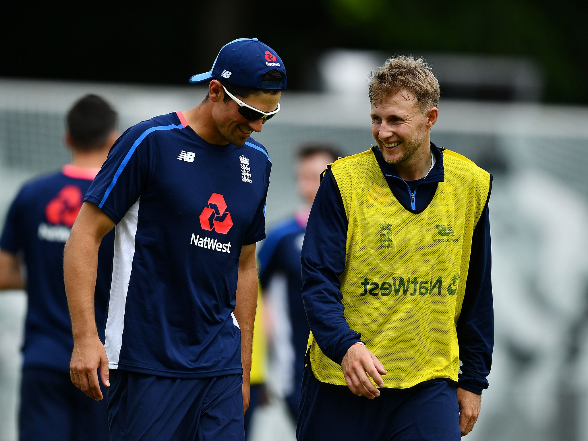 Alastair Cook and Joe Root during an England nets session