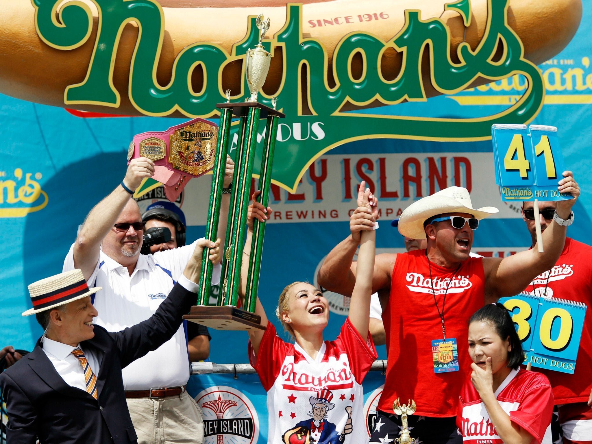 Miki Sudo celebrates her fourth Nathan's Famous Hot dog eating contest win