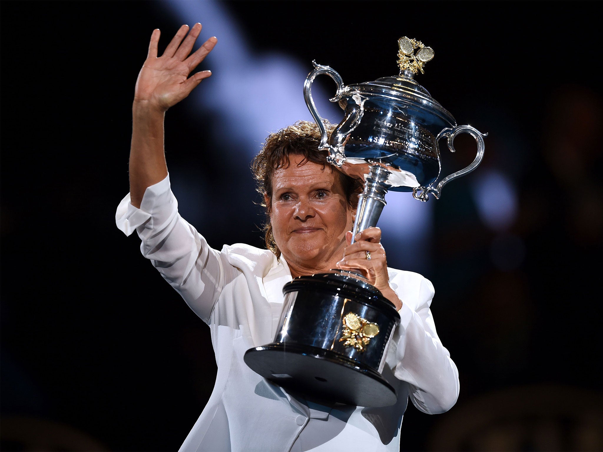 Evonne Goolagong Cowley in 2016, presenting the Australian Open trophy