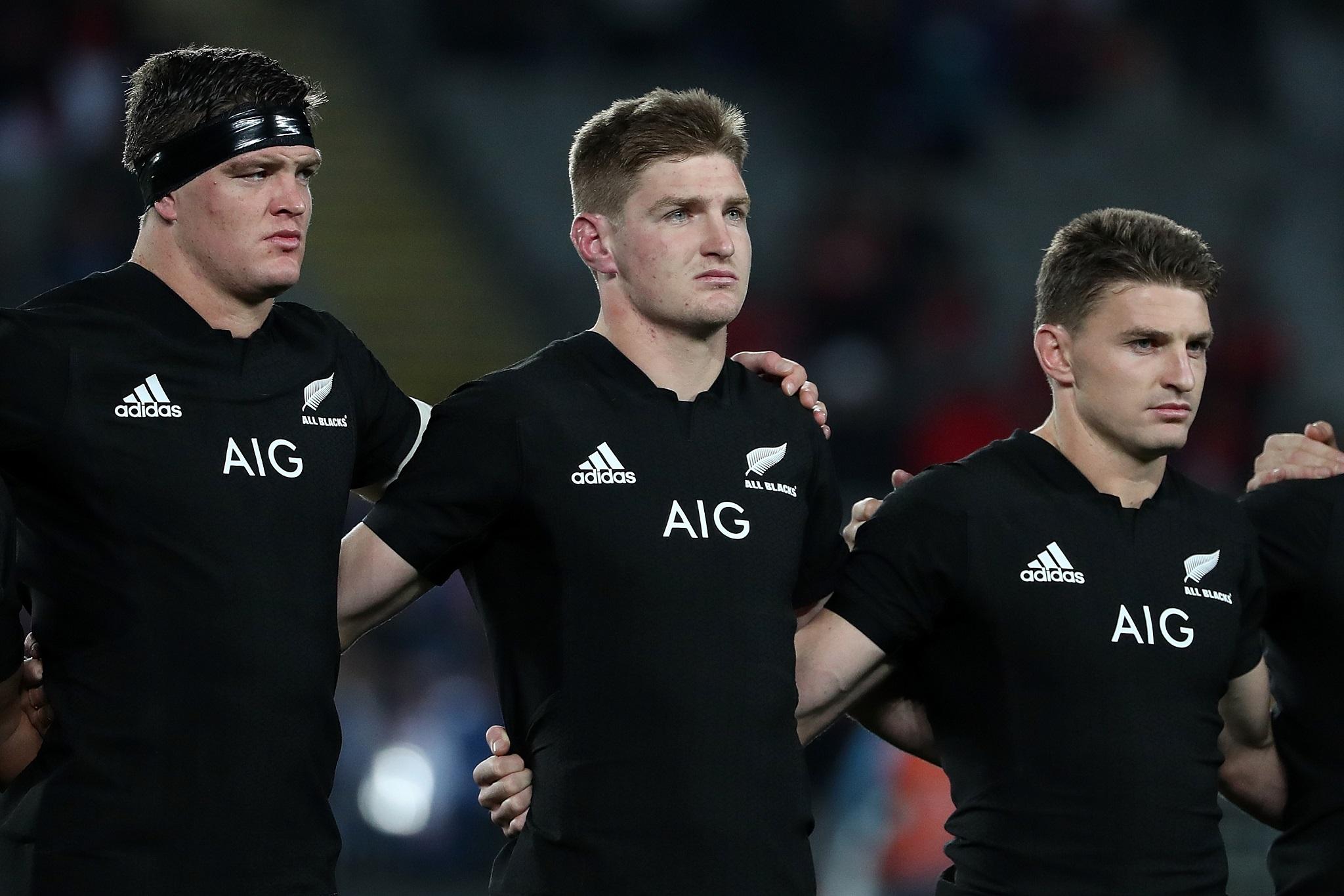 Jordie Barrett (centre) will start for the All Blacks alongside Beauden (right) with Scott (left) on the bench