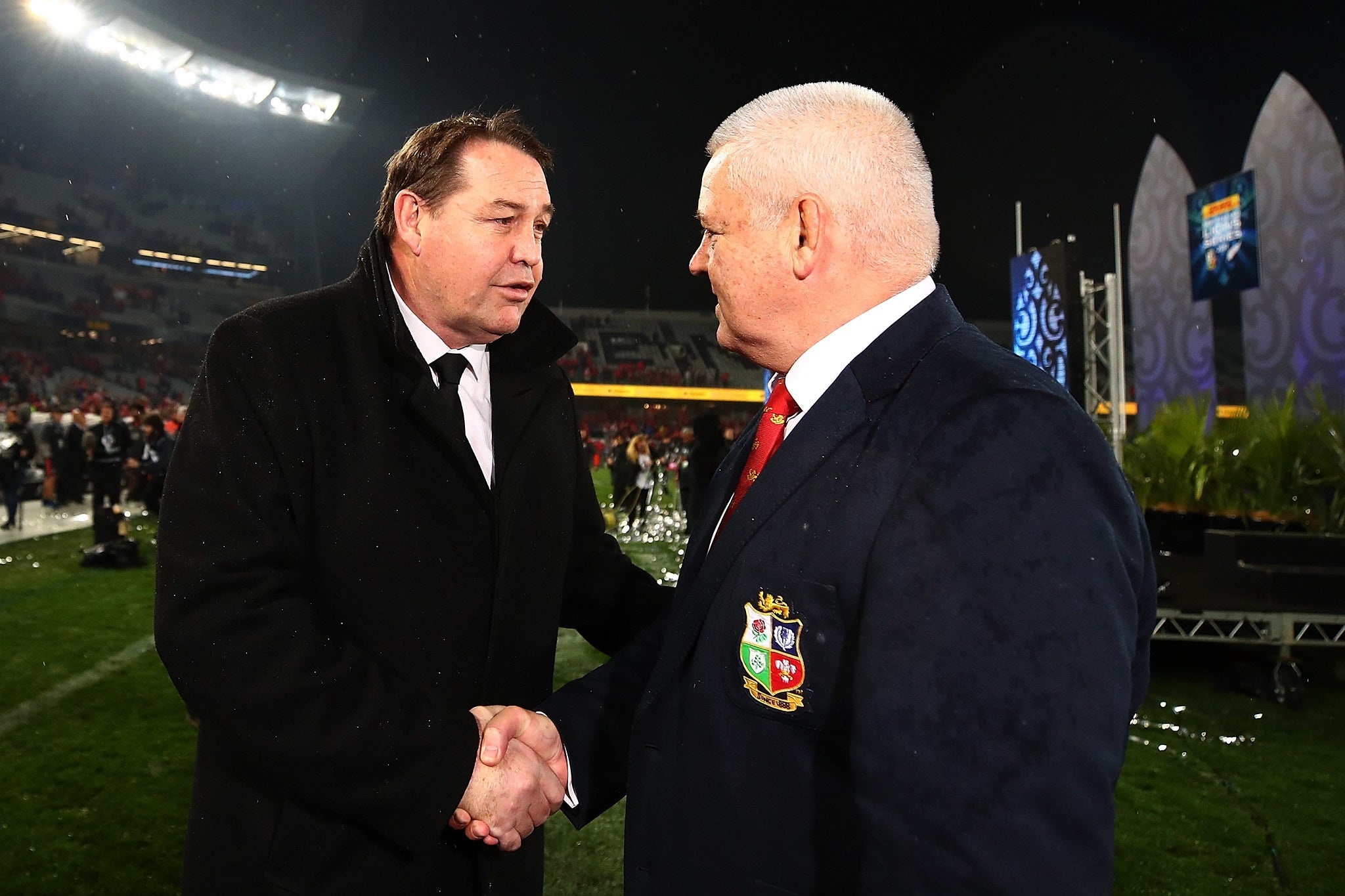 Steve Hansen and Warren Gatland share a few words after the drawn third Test