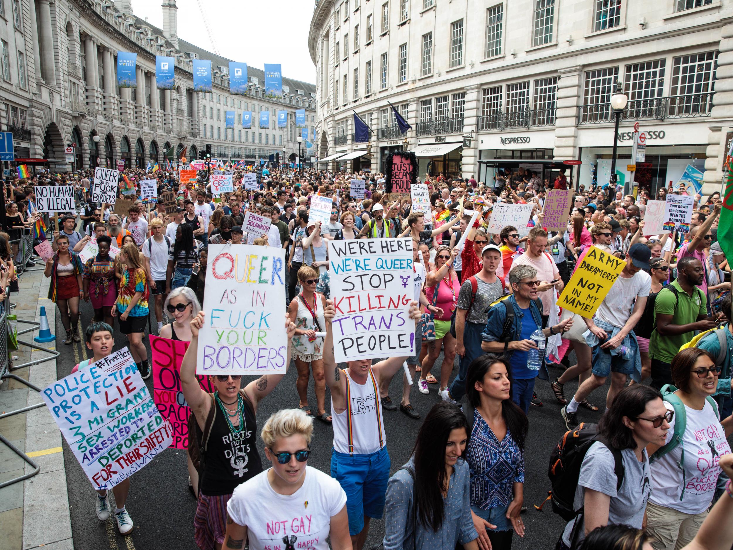 Protesters demonstrate during the Pride in London Festival in London. This year's London Pride event marks 50 years since homosexuality was decriminalised in England and Wales under the 1967 Sexual Offences
