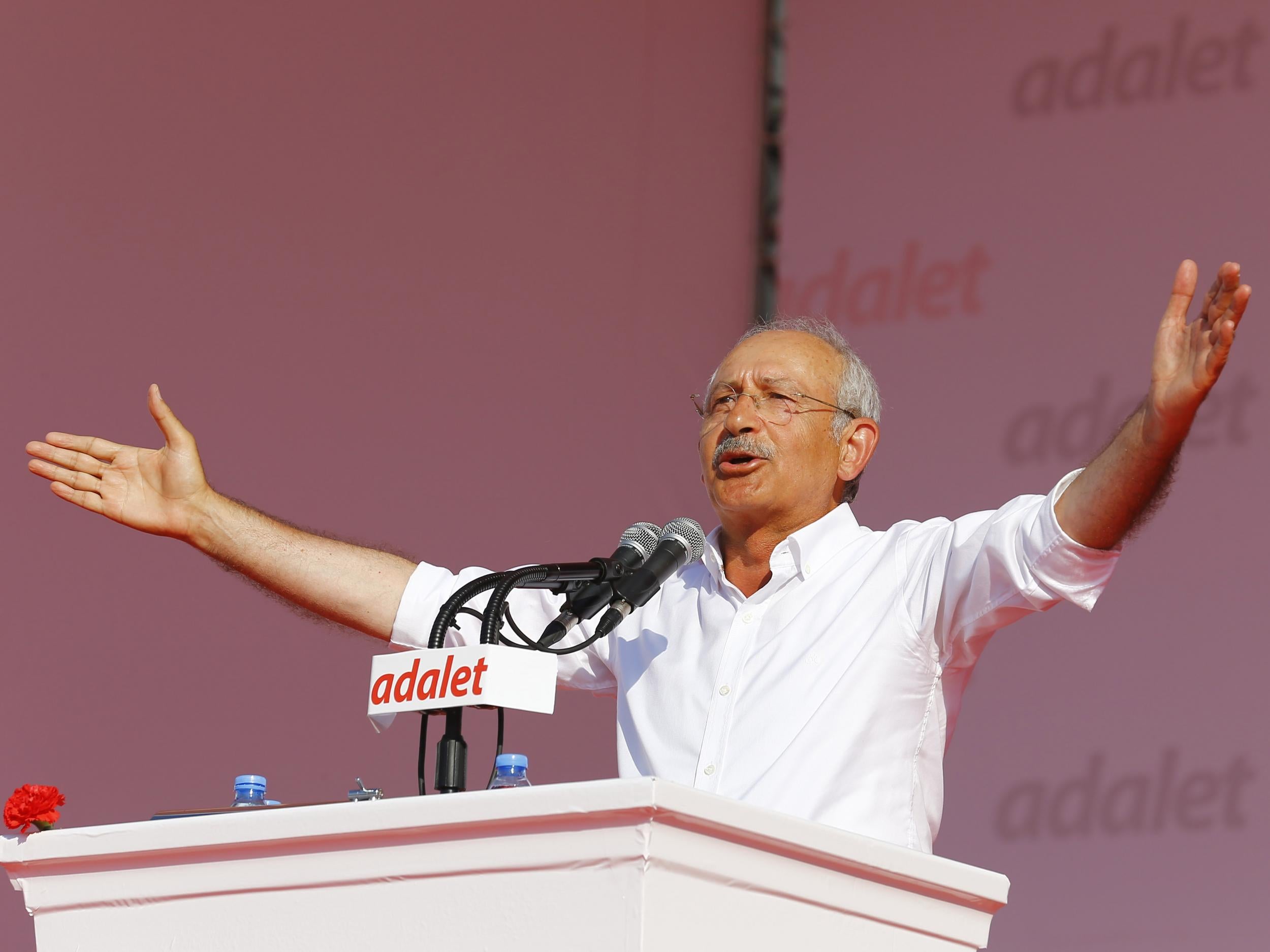 Kemal Kilicdaroglu, leader of main opposition Republican People's Party, speaks during a rally to mark the end of his 25-day long protest, dubbed 'Justice March', against the detention of the party's lawmaker Enis Berberoglu in Istanbul