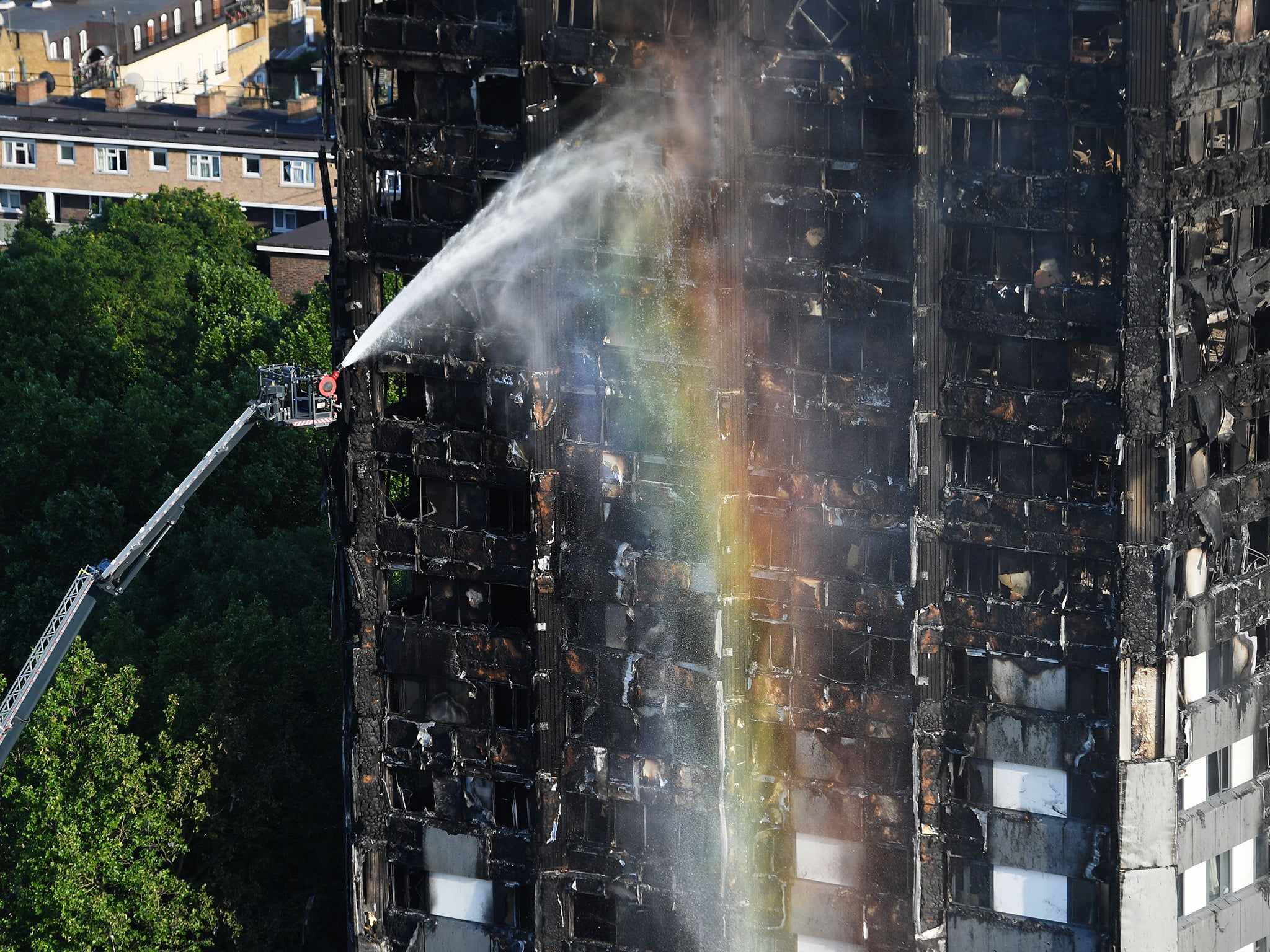 Grenfell Tower weeks after the fire that happened on 14 June 2017