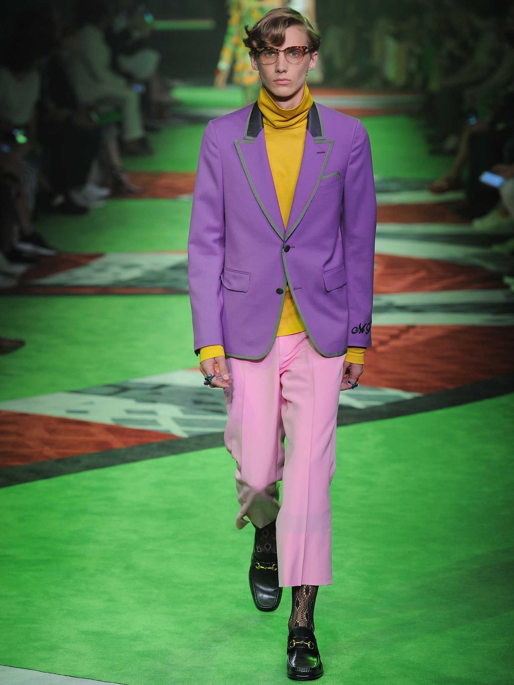 At Gucci the shade cropped up on tailored trousers, suit jackets and delicate rose embroidery