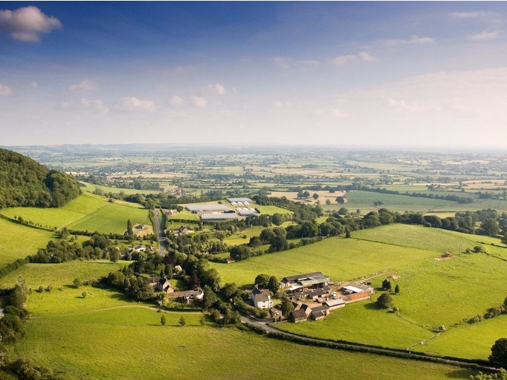 The view of the Cotswold Hills and Severn Valley from Frochester Hill near Stroud, England