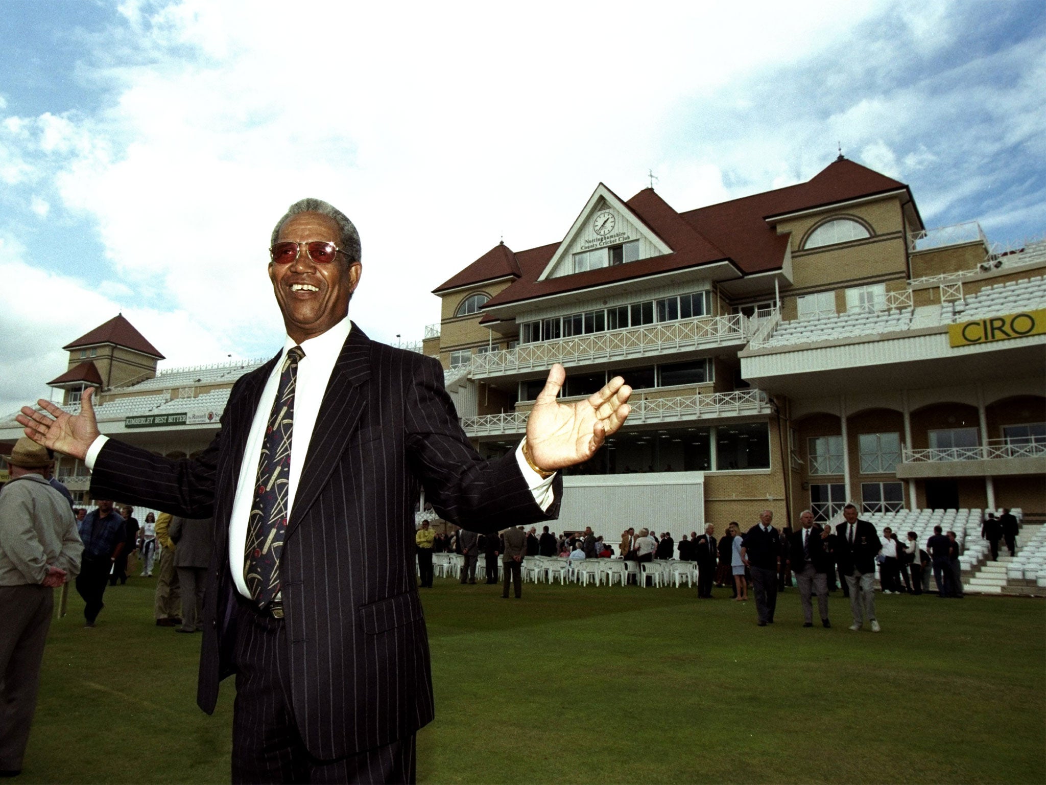 Sir Garfield Sobers opens the Radcliffe Road end at Trent Bridge in 1998