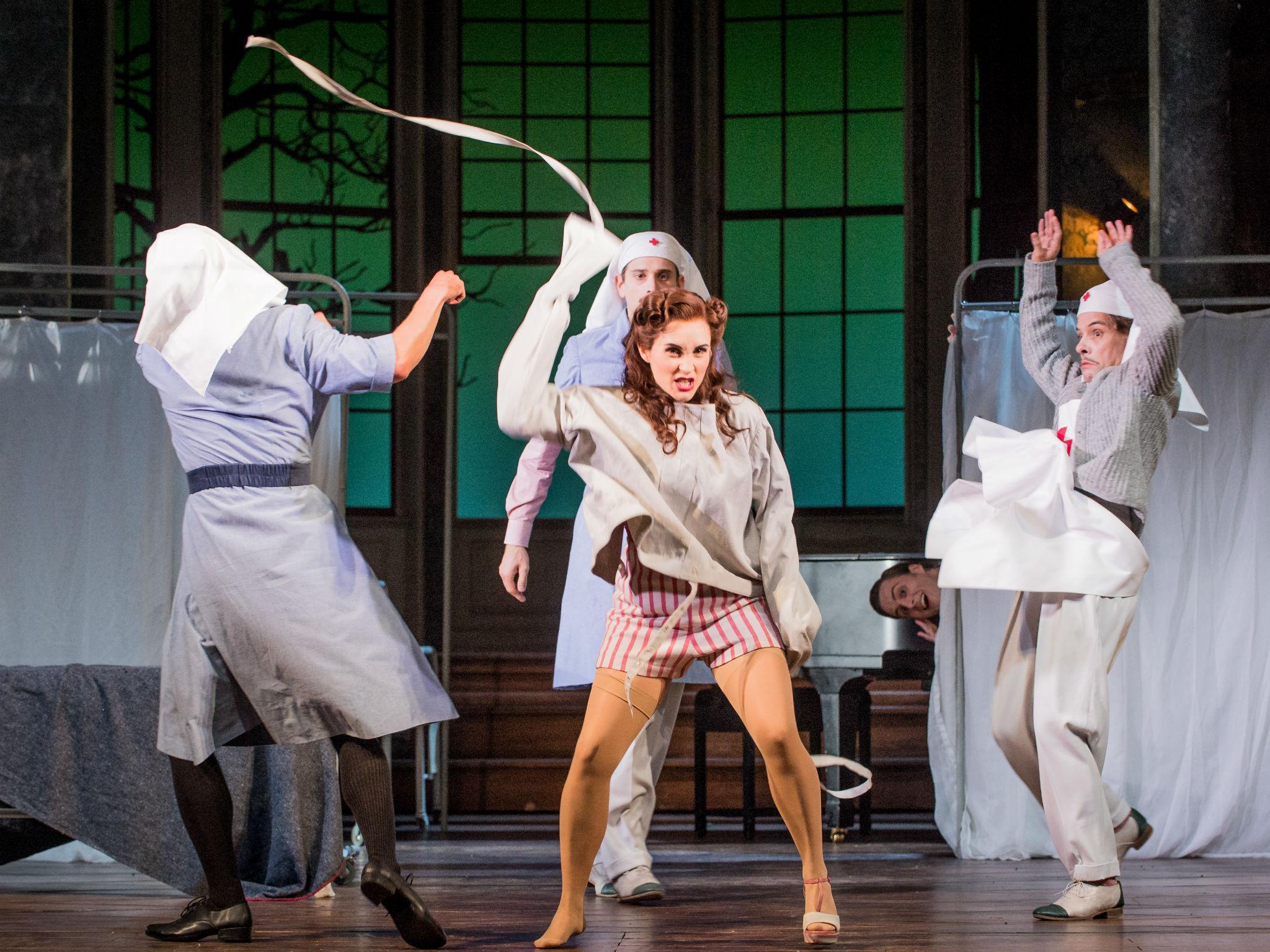 Zerbinetta (Erin Morley) with Brighella (Manuel Günther), Truffaldino (Daniel Mirosław) and Scaramuccio (François Piolino) in 'Ariadne auf Naxos' at Glyndebourne Festival Opera