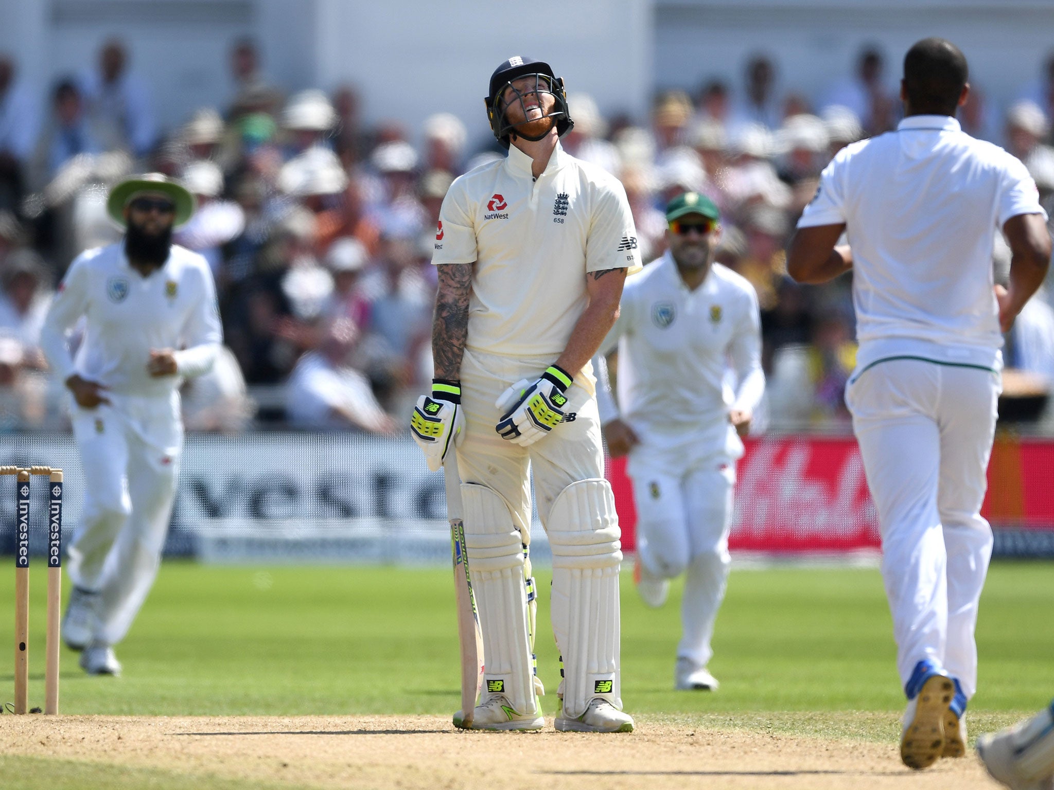 Ben Stokes reacts after being caught and bowled by Vernon Philander