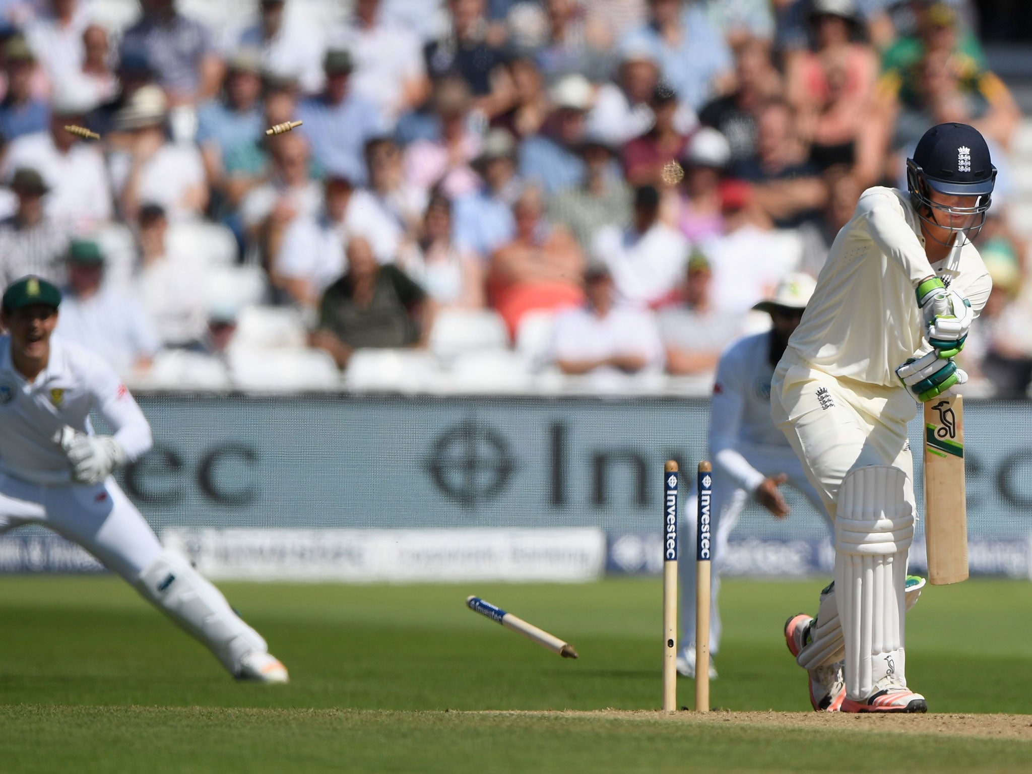 Keaton Jennings is bowled by Vernon Philander for three runs