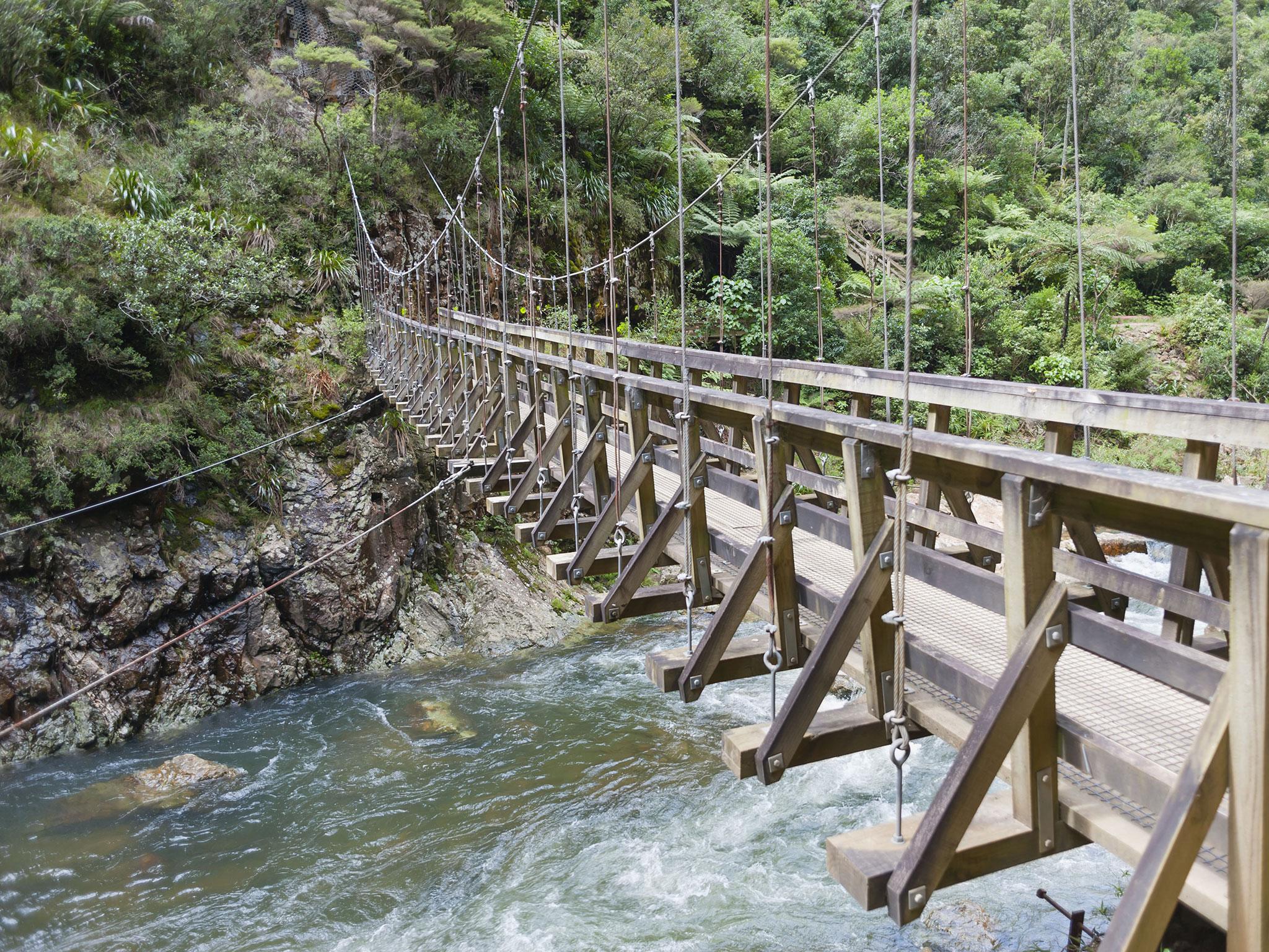 New Zealand, North Island, Waikato, Karangahake Gorge, suspension bridge over Waitawheta River