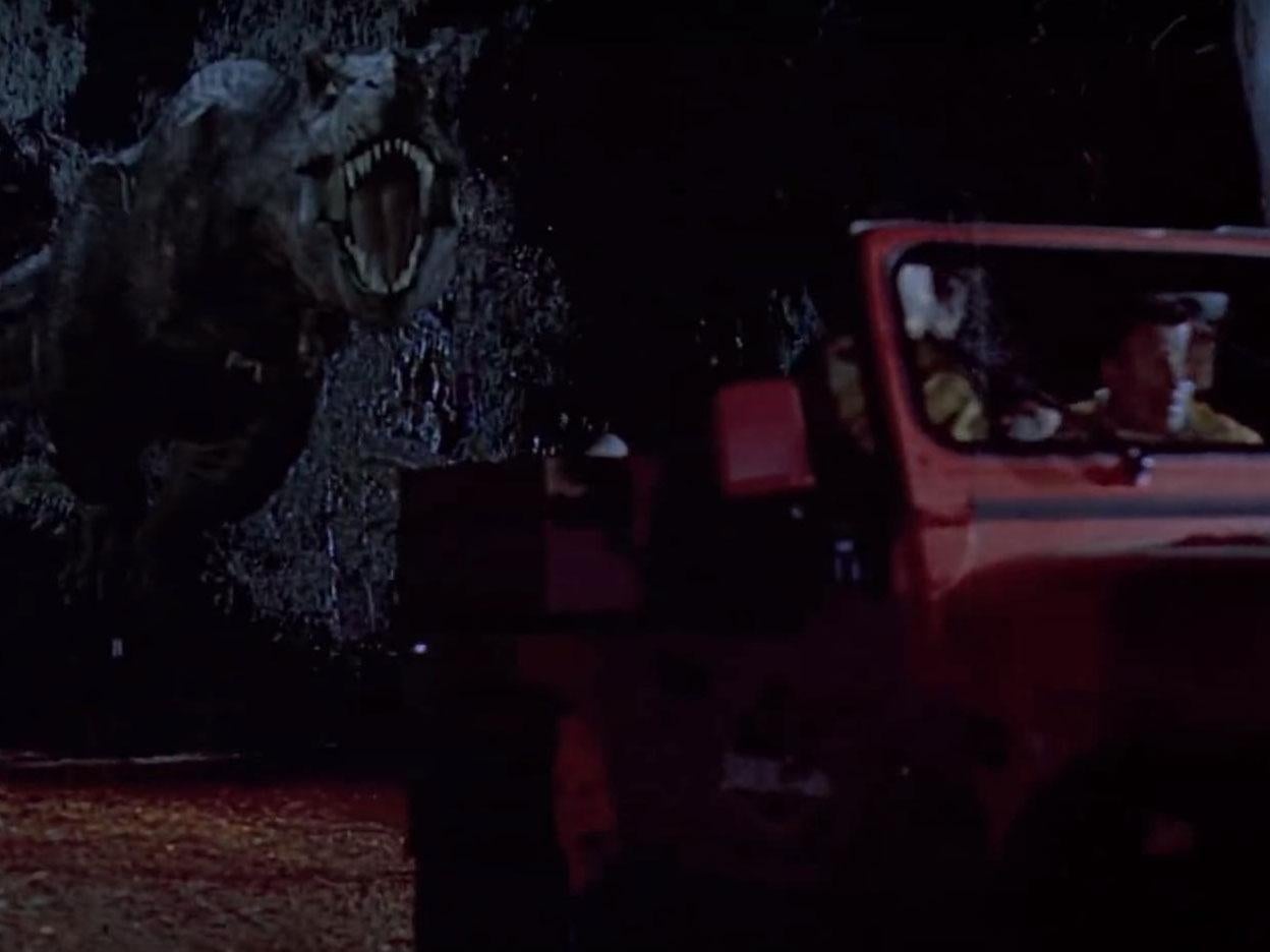 A T Rex sets off in pursuit of a jeep in the film Jurassic Park – a chase it would never have won in real life