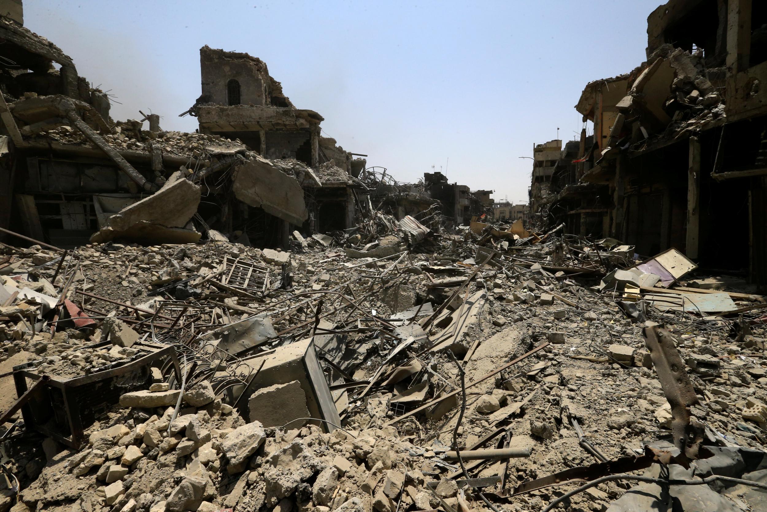 Destroyed buildings from clashes are seen in the Old City of Mosul