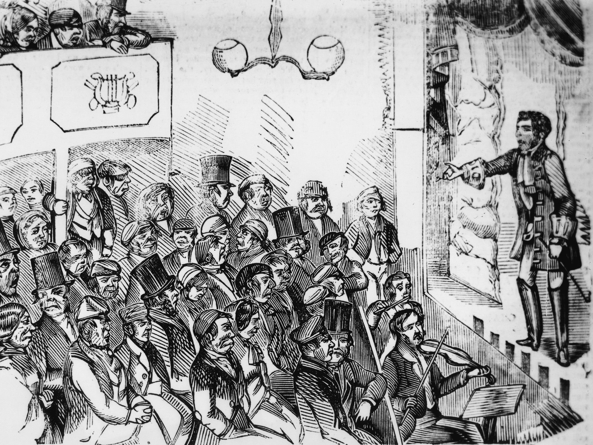 An audience watching a performance at Bianchi’s Penny Gaff music hall in 1850 – 10 years before the first recorded track