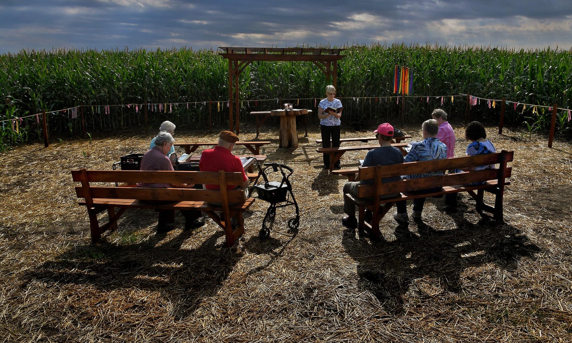 Sister George Ann Biskan leads a group of nuns and supporters during a prayer service at the chapel