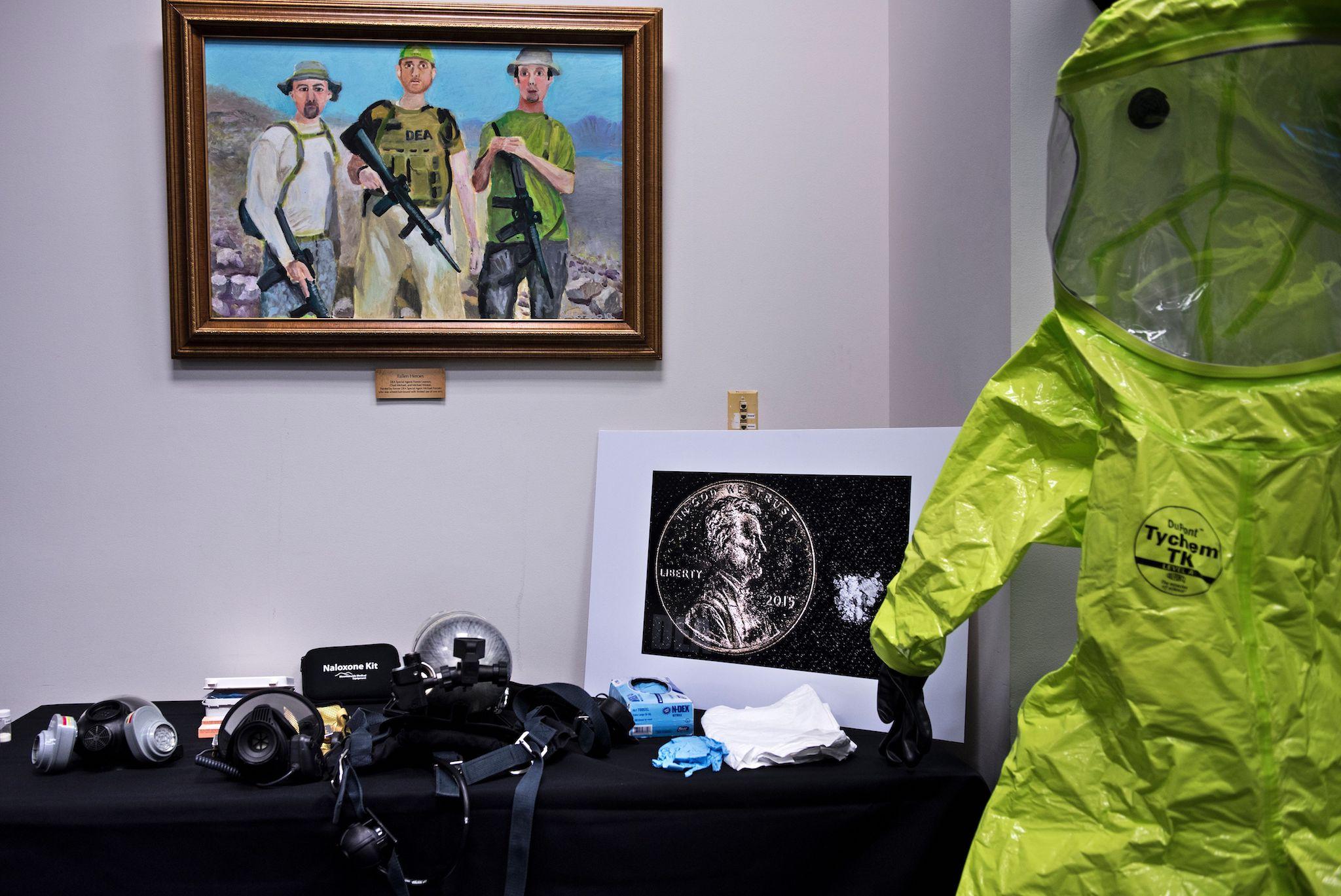 Protective equipment is seen before a press conference about fentanyl at the headquarters of the Drug Enforcement Agency June 6, 2017 in Arlington, Virginia