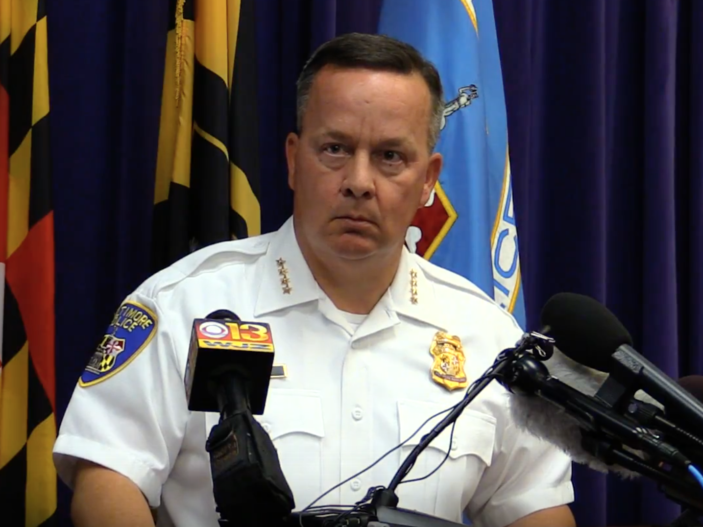 Baltimore Police Commissioner Kevin Davis speaks at a press conference about allegations of officers planting drugs