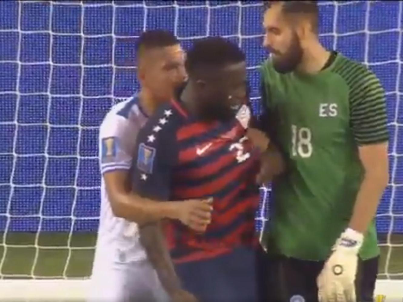 El Salvador defender Henry Romero assaulted Altidore in the six-yard box