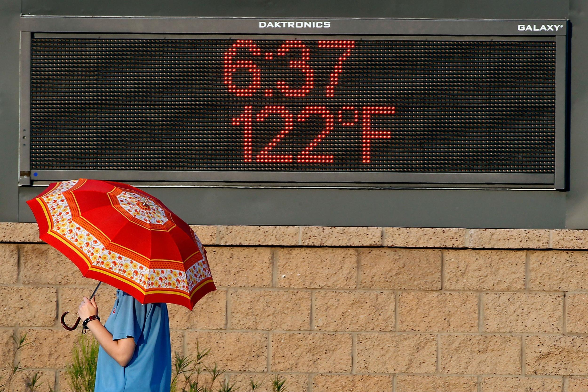 A pedestrian uses an umbrella to get some relief from the sun as she walks past a sign displaying the temperature on June 20, 2017 in Phoenix, Arizona.