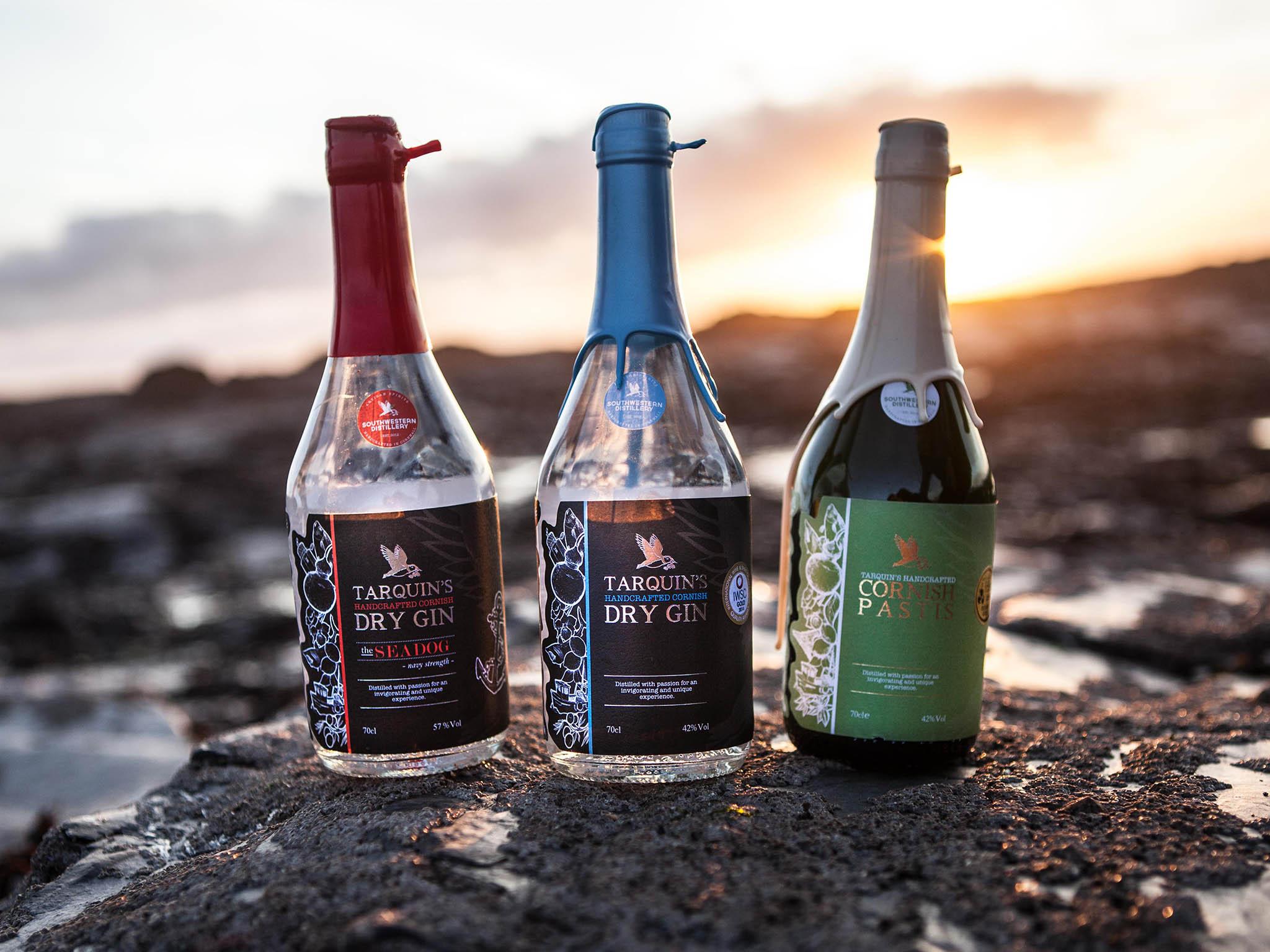 Tarquin’s range (left-right): the Sea Dog Navy Strength Gin, Cornish Gin, Cornish Pastis