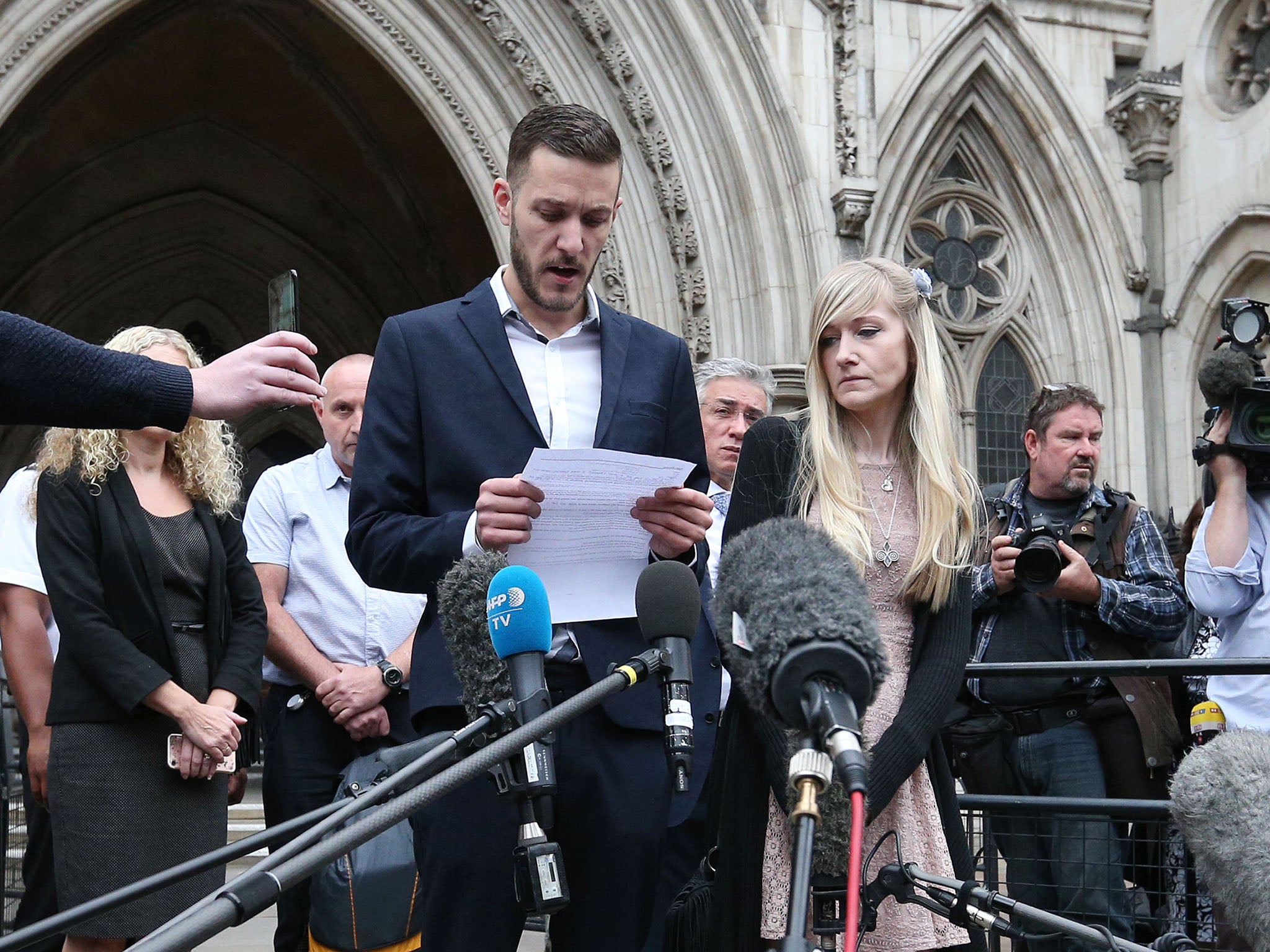 &#13;
Charlie Gard’s parents address the media outside the High Court today &#13;