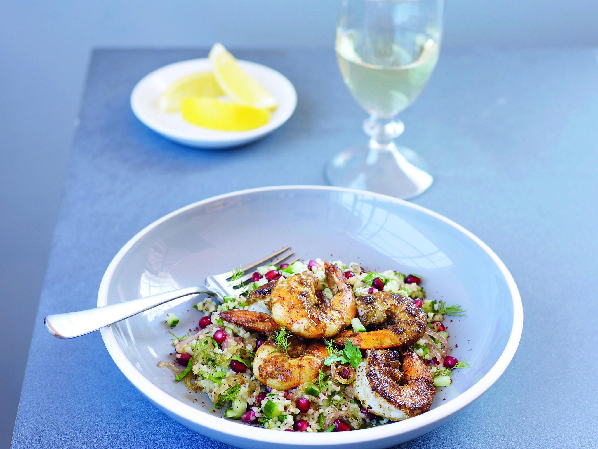 
With pomegrante, cucumber and bulgur wheat this prawn dish is summery and fresh 