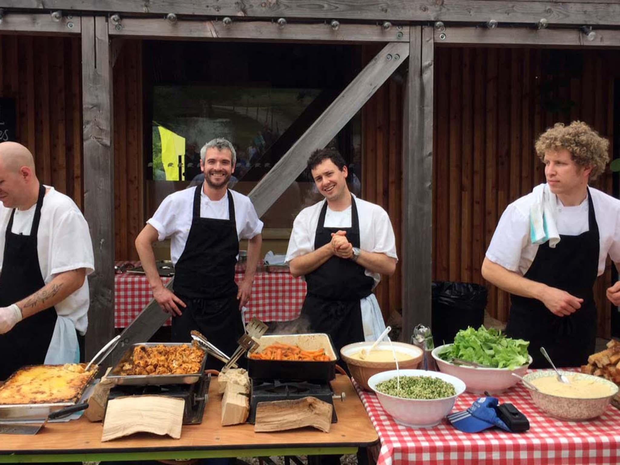 Let’s hear it for the boys: strapping gents are ready to serve at the River Cottage Festival in Axminster in Devon