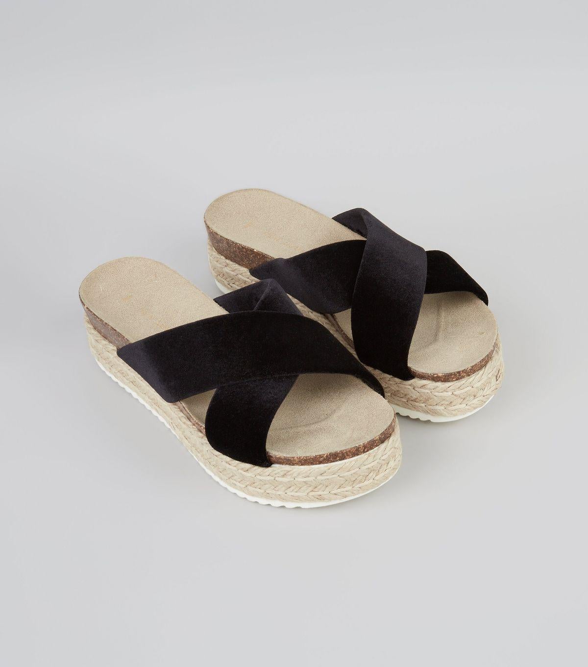 Black Velvet Cross Flatform Sandals, £29.99, New Look