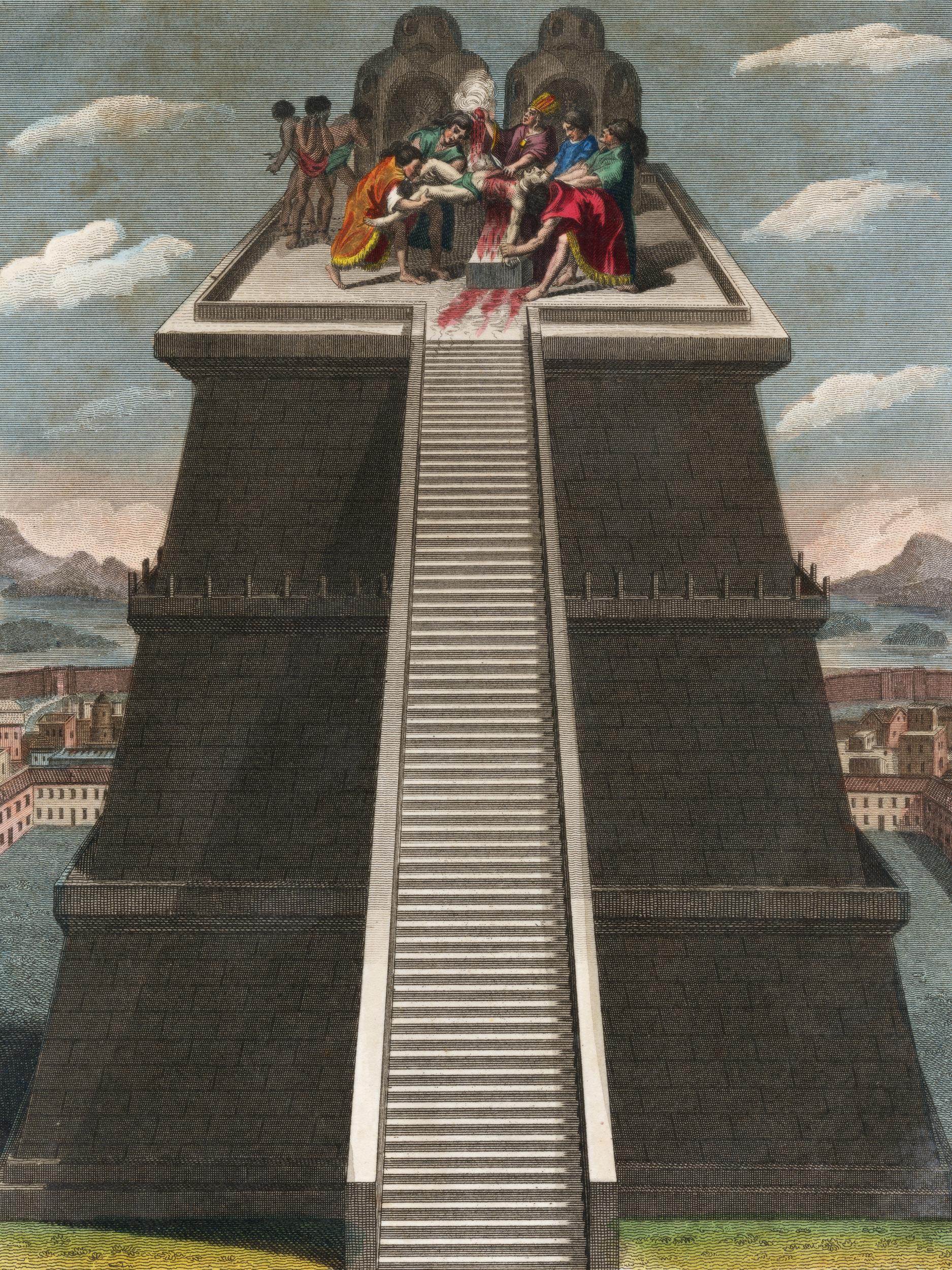 Pass the pepper: a 19th-century engraving imagines a circa 1500 sacrifice on a temple pyramid in Mexico