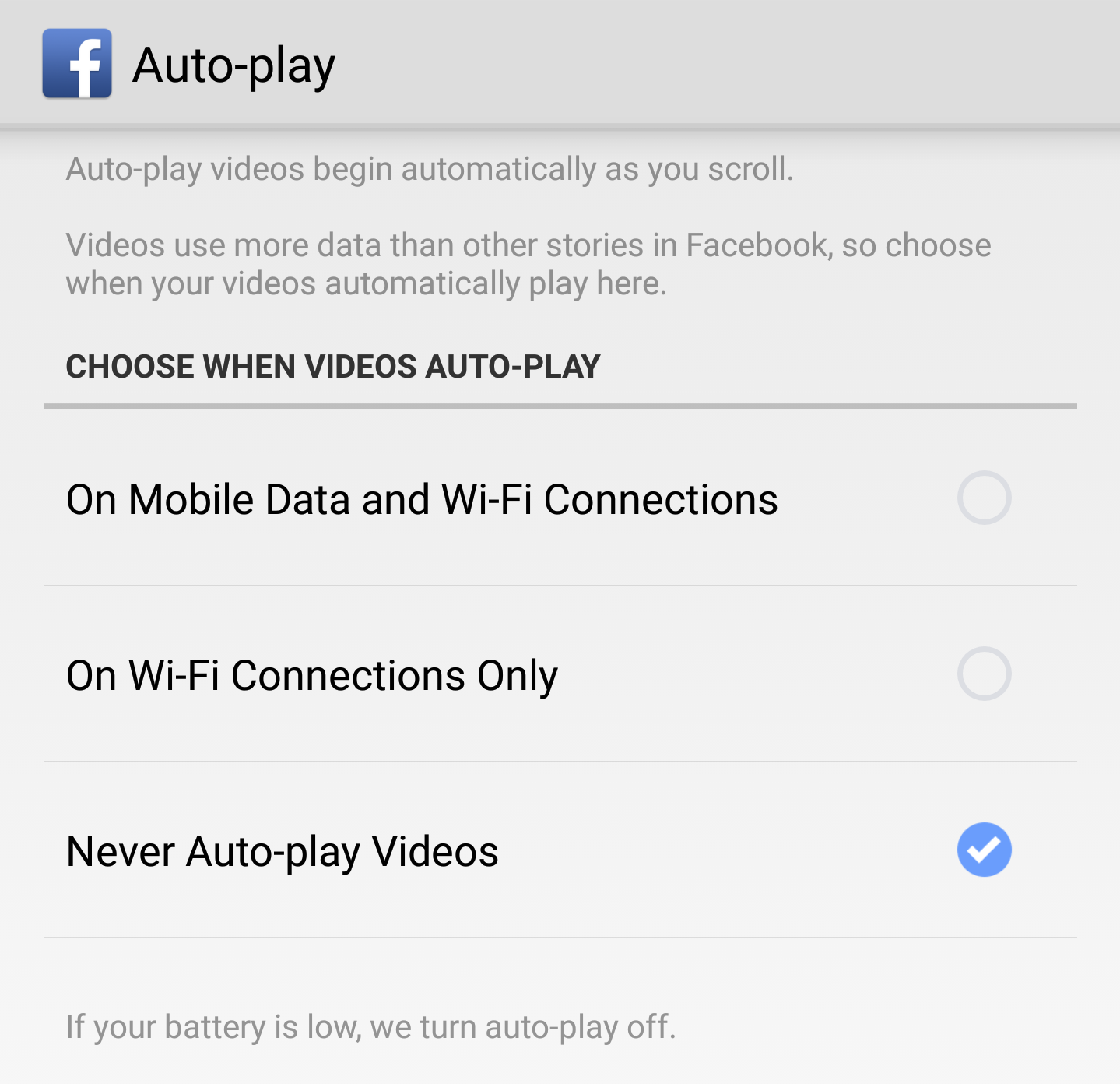 Facebook automatically plays videos in your News Feed, and that’s a problem if you aren’t on a generous data plan. You can change this by going to Videos in the Settings menu and disabling autoplay. On the app, there’s feature in the left-hand column called Data Saver, which also does this, but reduces the size of pictures too.