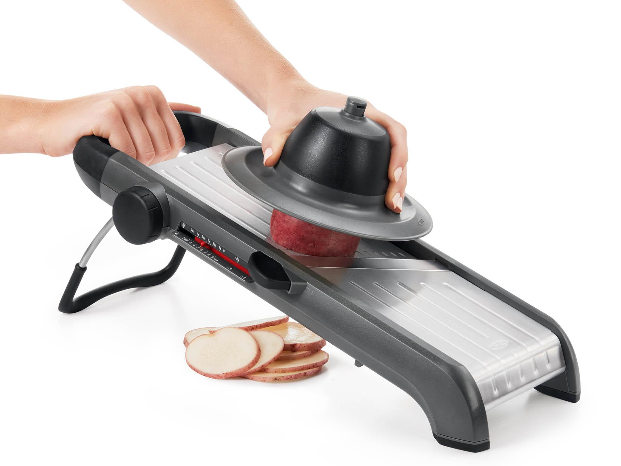 The spring-loaded food holder on Oxo Good Grips’ model keeps fingertips well away from sharp blades