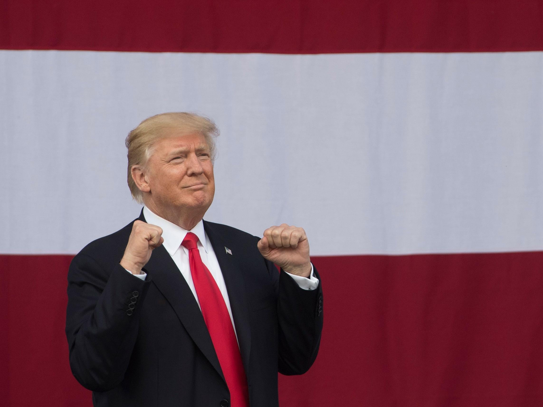US President Donald Trump gestures during the National Boy Scout Jamboree