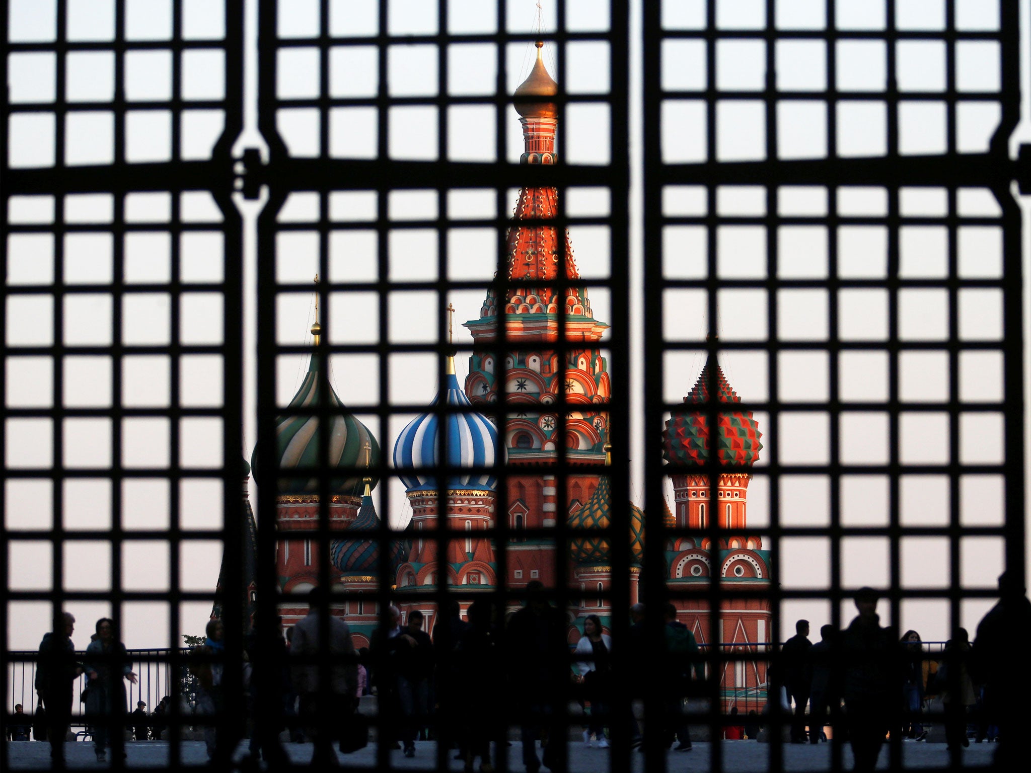 St Basil's Cathedral seen through a gate in Red Square in central Moscow