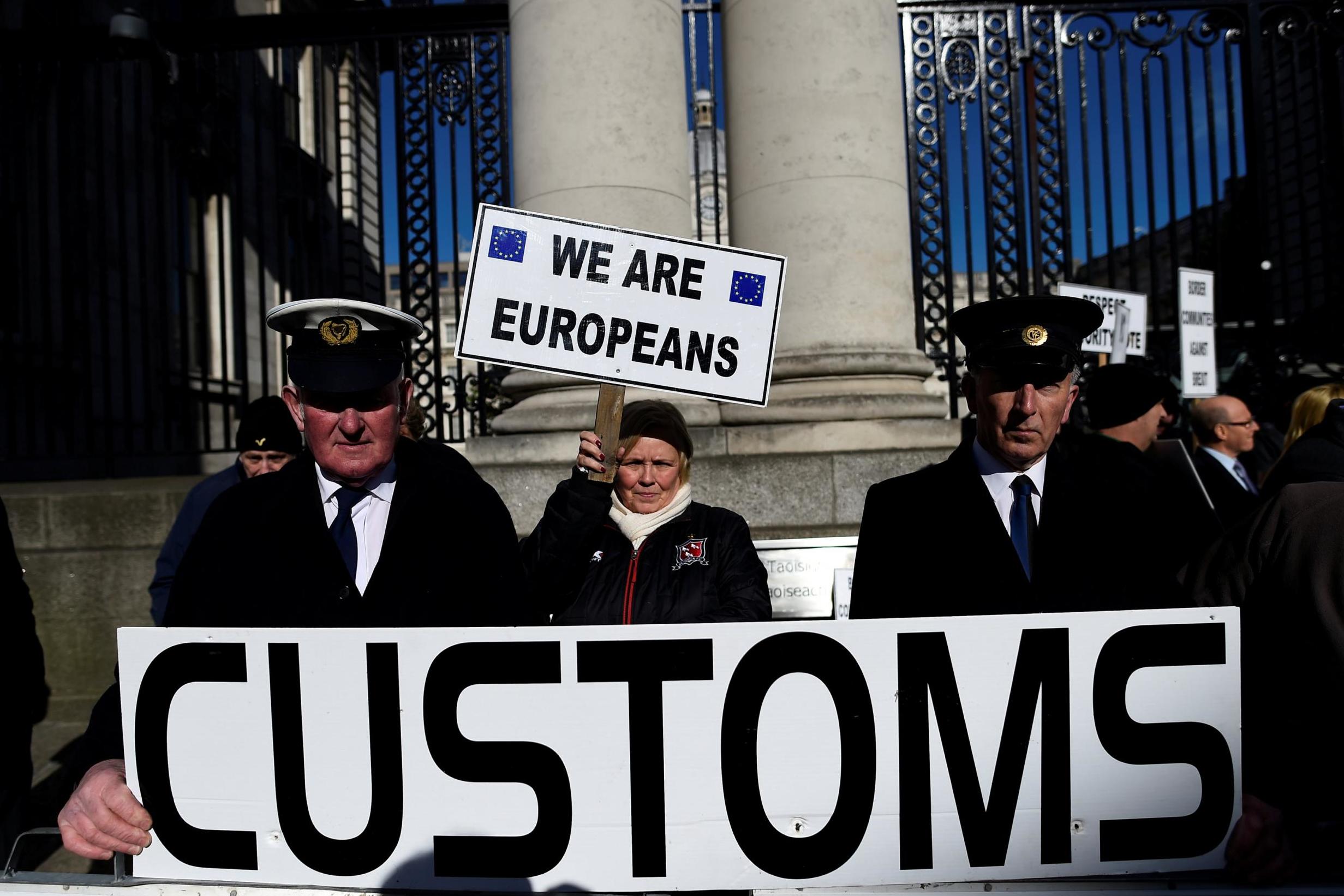 Anti-Brexit campaigners outside Irish government buildings in Dublin in April