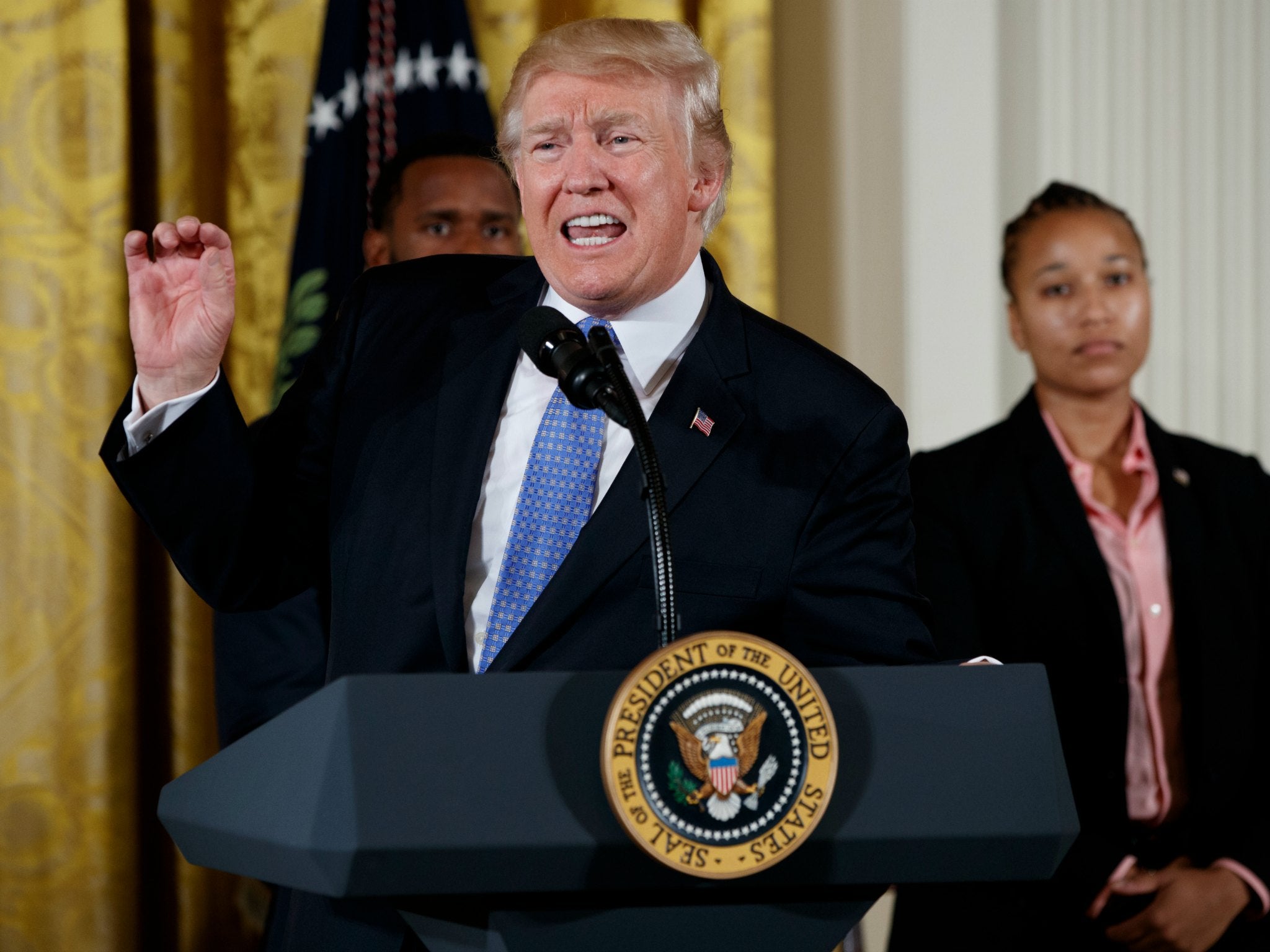 The US President speaks in the East Room of the White House