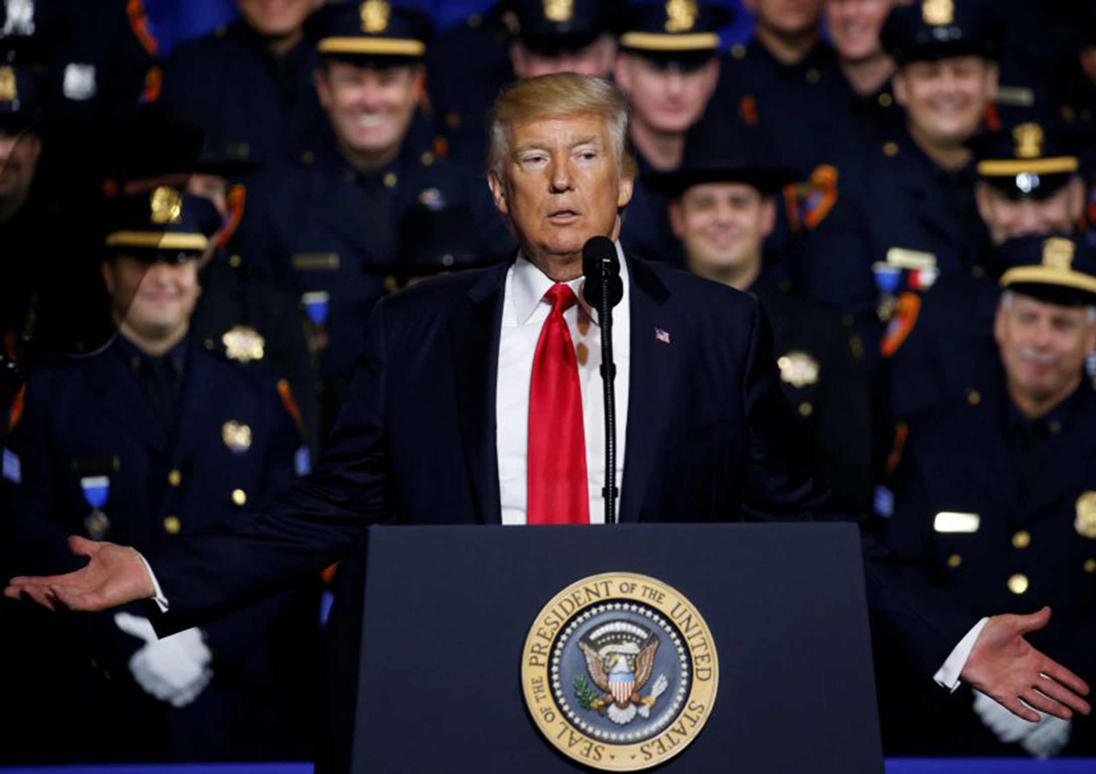 Donald Trump was addressing law enforcement officials in Brentwood, New York, when he said officers should not be "too nice" with suspects